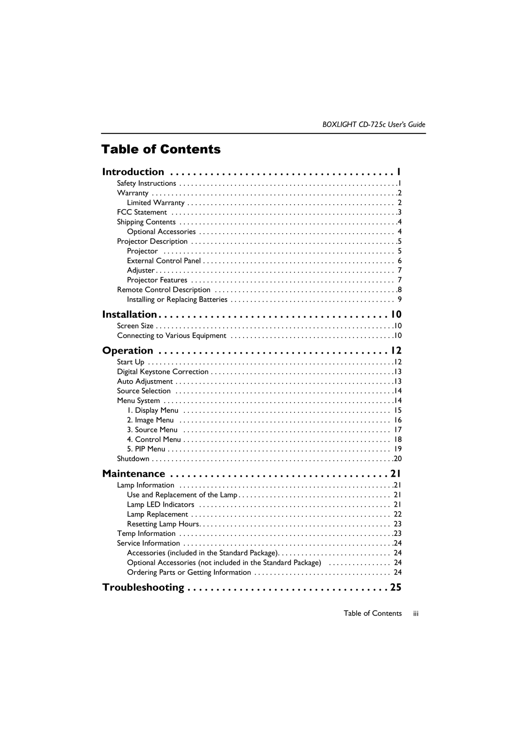 BOXLIGHT CD-725c manual Table of Contents 