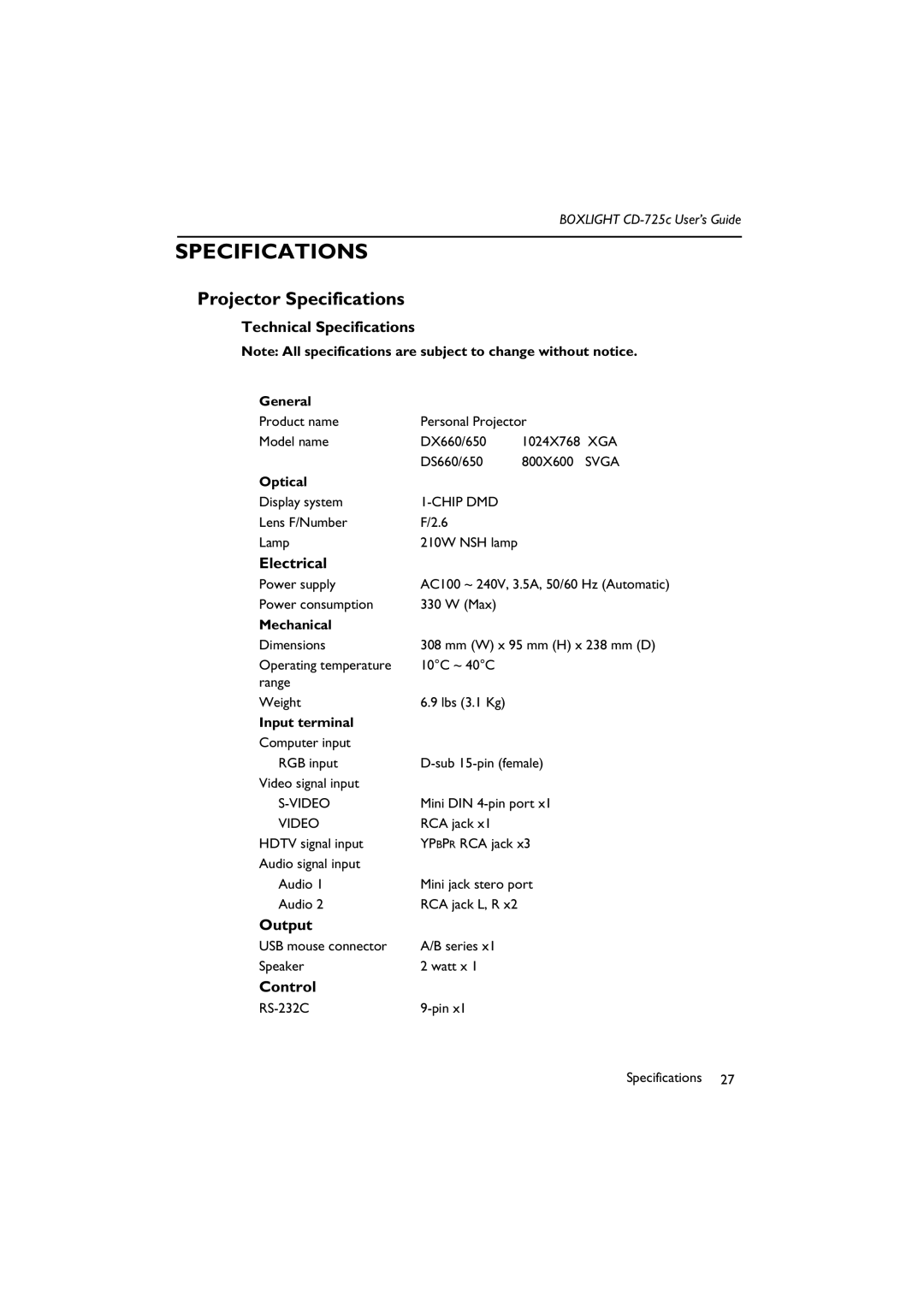 BOXLIGHT CD-725c manual Projector Specifications 