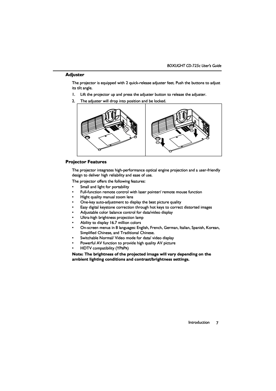 BOXLIGHT manual Adjuster, Projector Features, BOXLIGHT CD-725c User’s Guide 