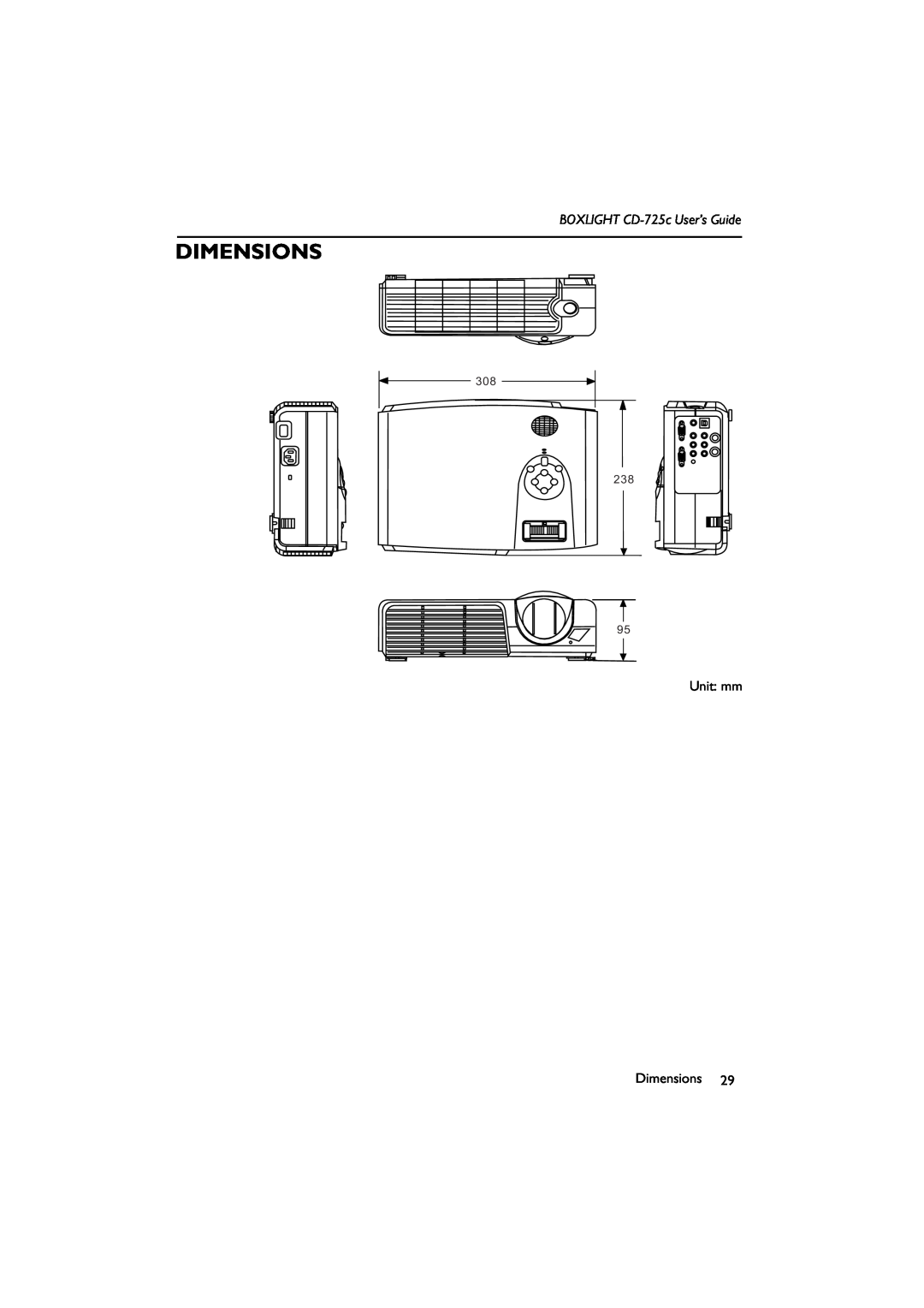 BOXLIGHT manual Dimensions, BOXLIGHT CD-725c User’s Guide, 308 238 