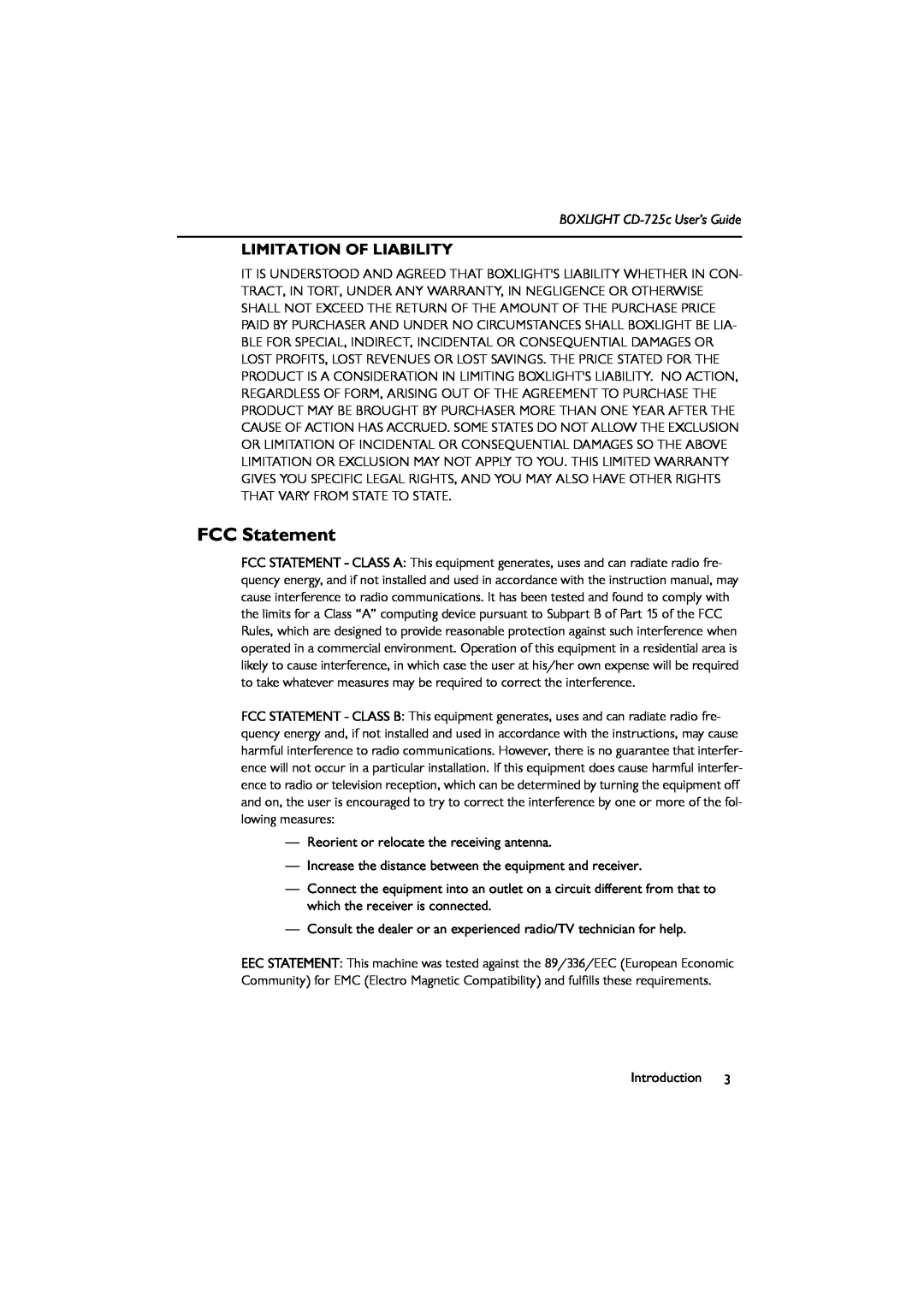 BOXLIGHT manual FCC Statement, Limitation Of Liability, BOXLIGHT CD-725c User’s Guide 