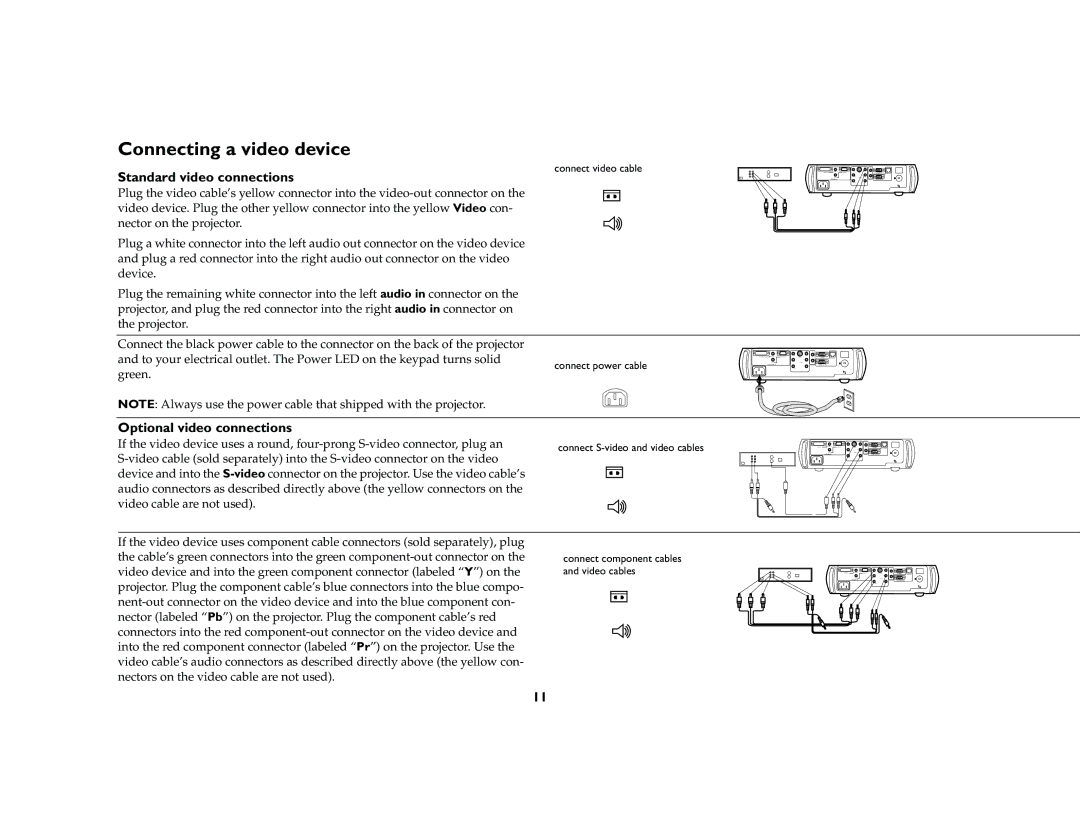 BOXLIGHT CD-850m manual Connecting a video device, Standard video connections, Optional video connections 