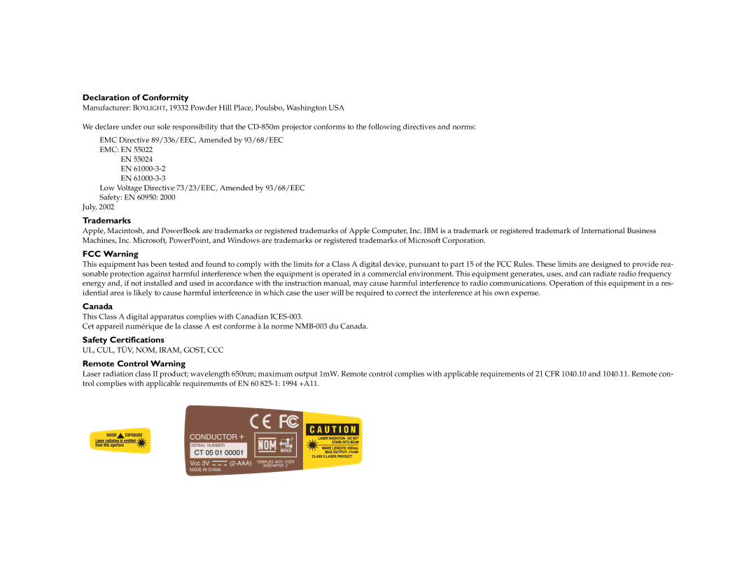 BOXLIGHT CD-850m Declaration of Conformity, Trademarks, FCC Warning Canada, Safety Certifications, Remote Control Warning 