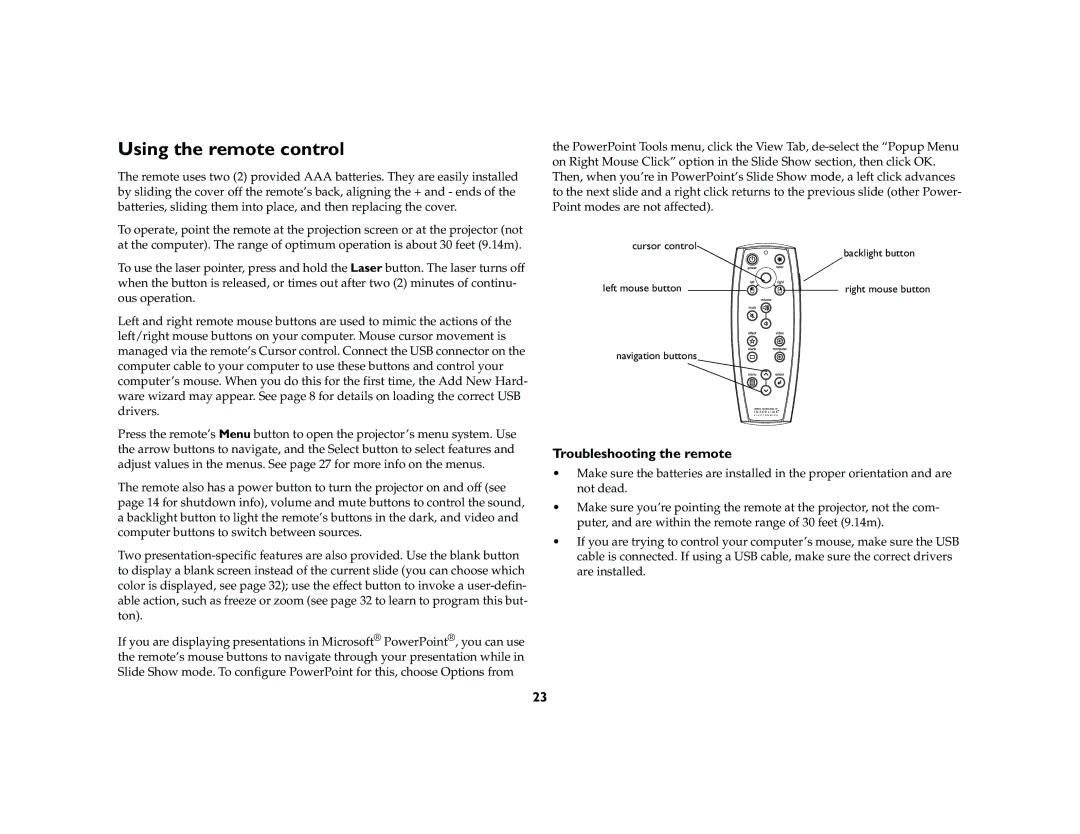 BOXLIGHT CD-850m manual Using the remote control, Troubleshooting the remote 