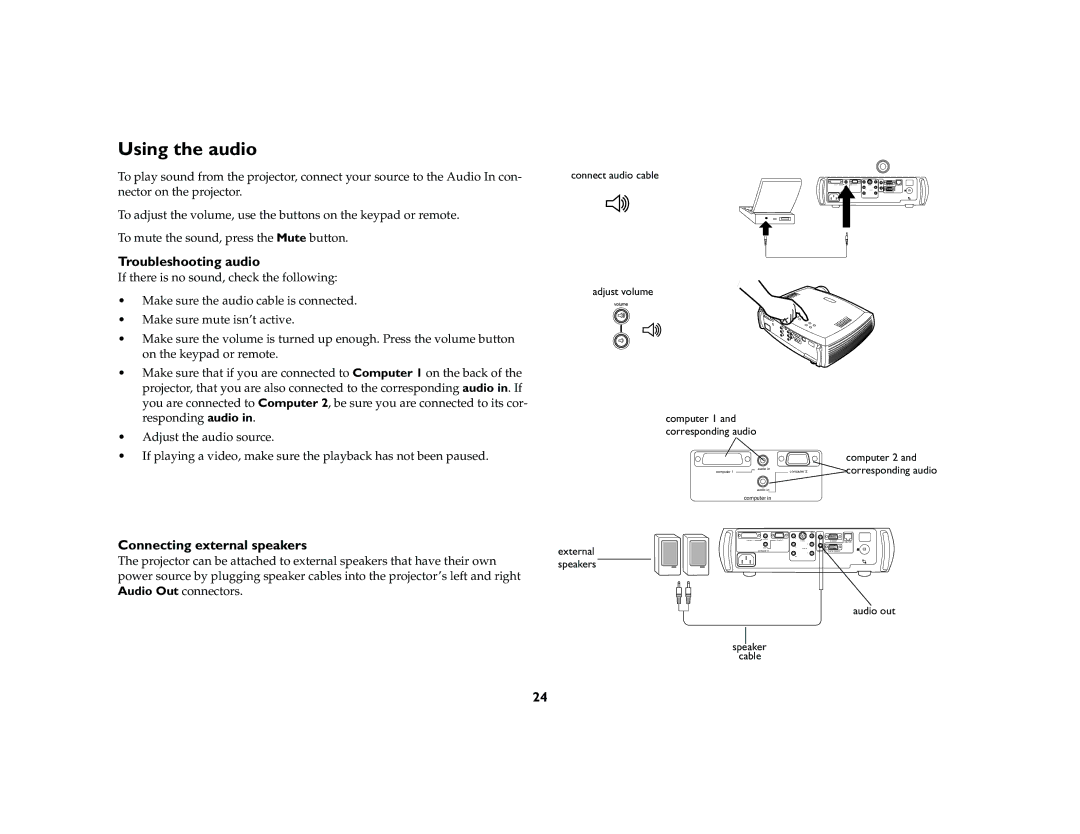 BOXLIGHT CD-850m manual Using the audio, Troubleshooting audio, Connecting external speakers 