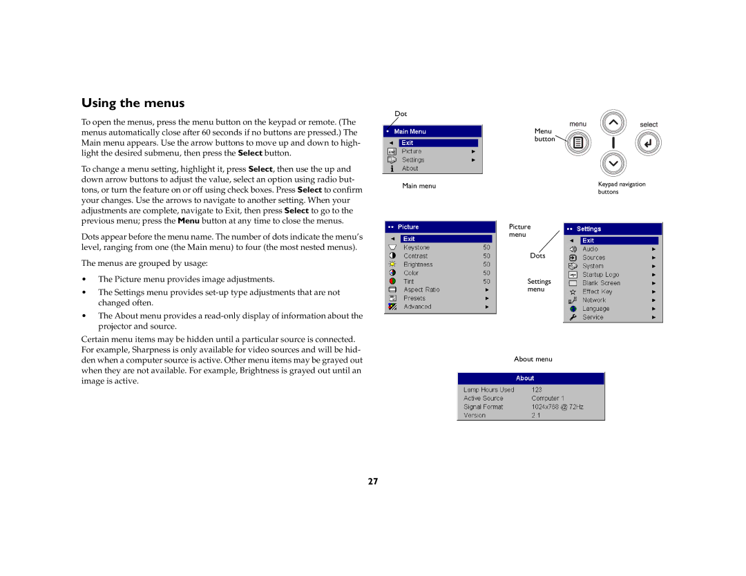 BOXLIGHT CD-850m manual Using the menus 