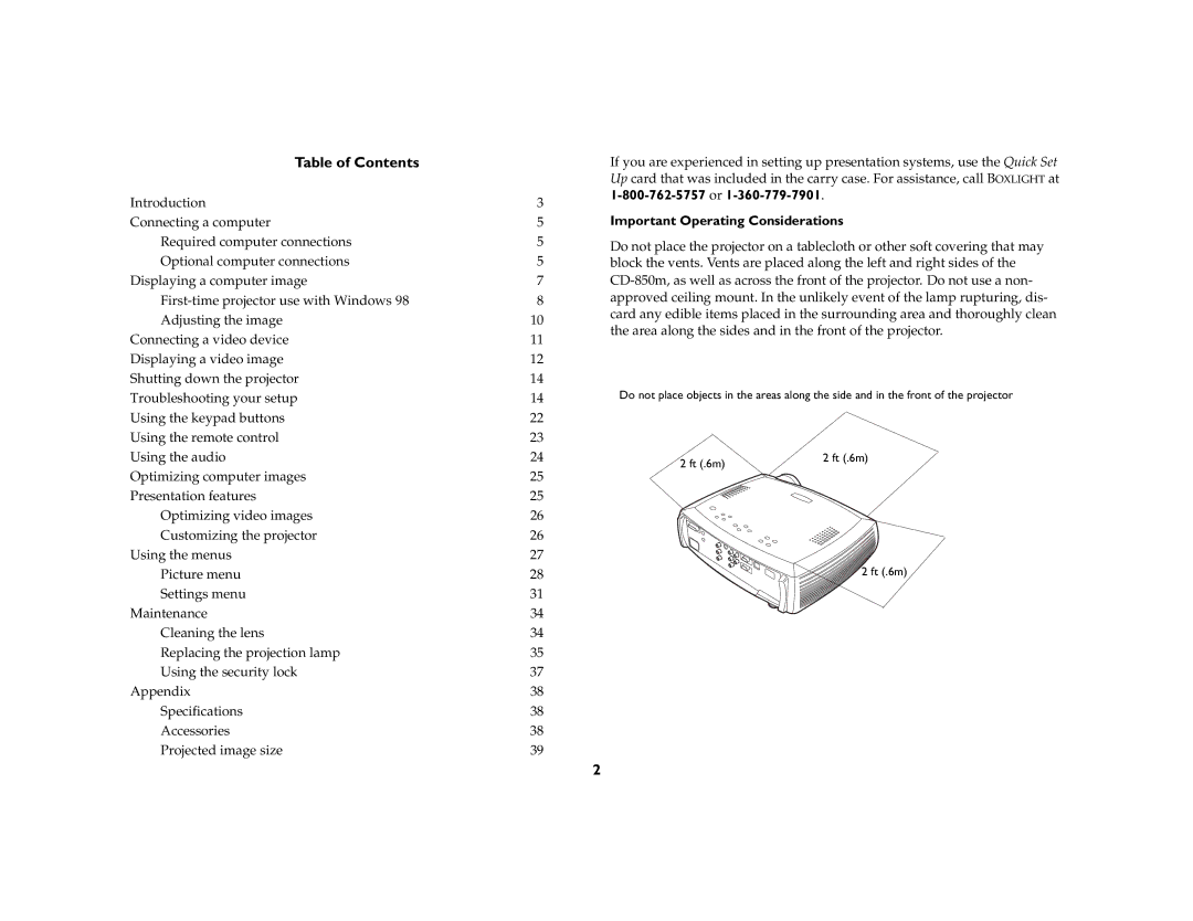 BOXLIGHT CD-850m manual Table of Contents 