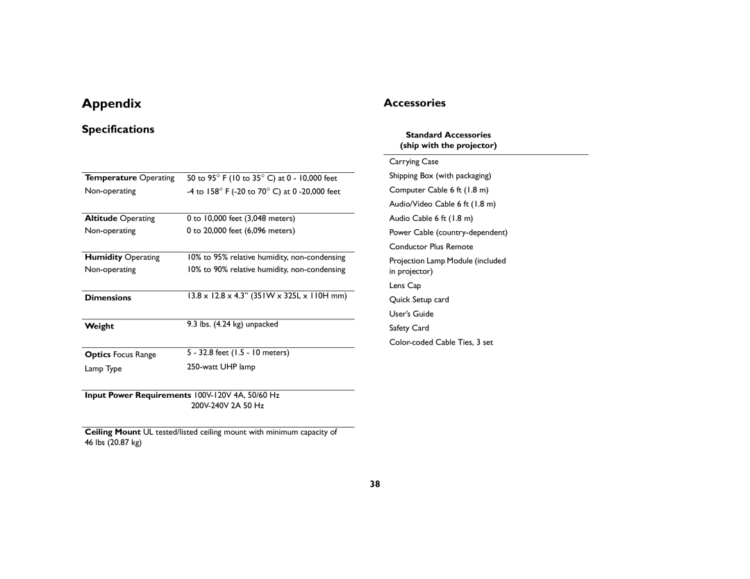 BOXLIGHT CD-850m manual Appendix, Specifications, Accessories 