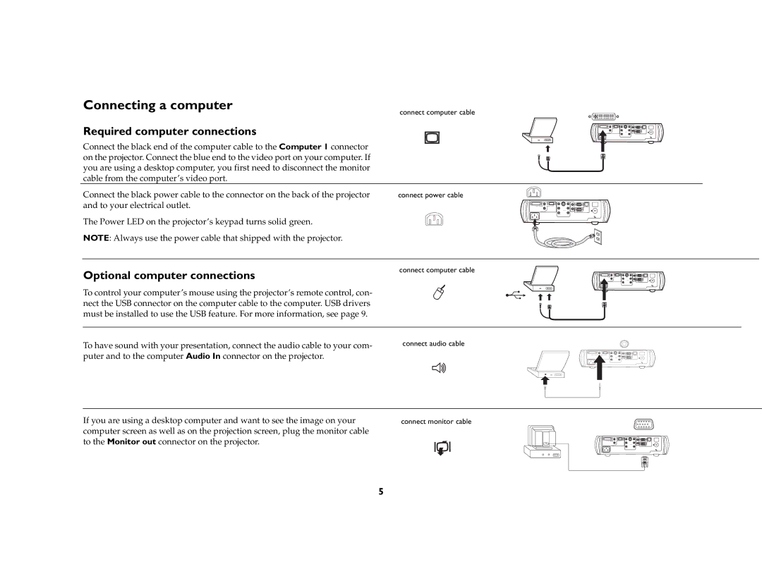 BOXLIGHT CD-850m manual Connecting a computer, Required computer connections, Optional computer connections 