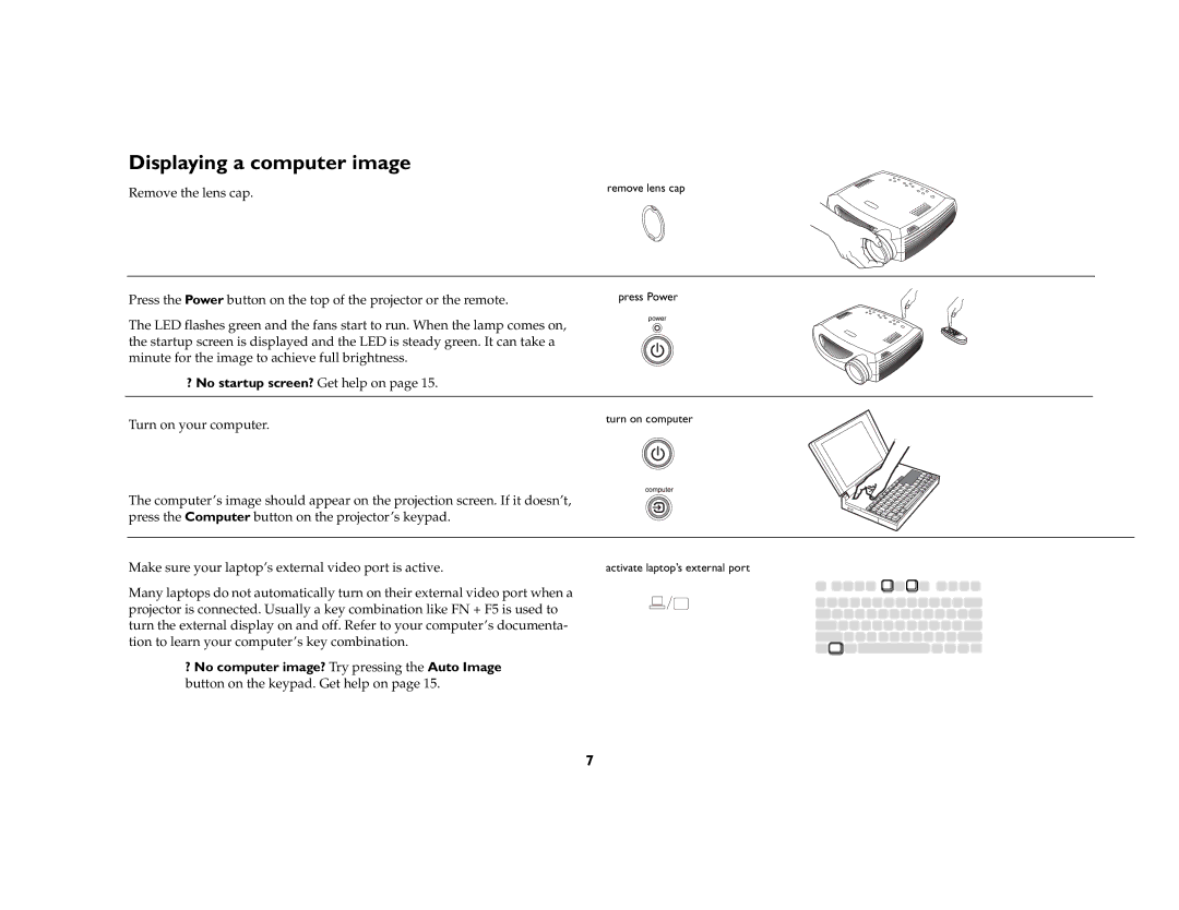 BOXLIGHT CD-850m manual Displaying a computer image, ? No startup screen? Get help on 