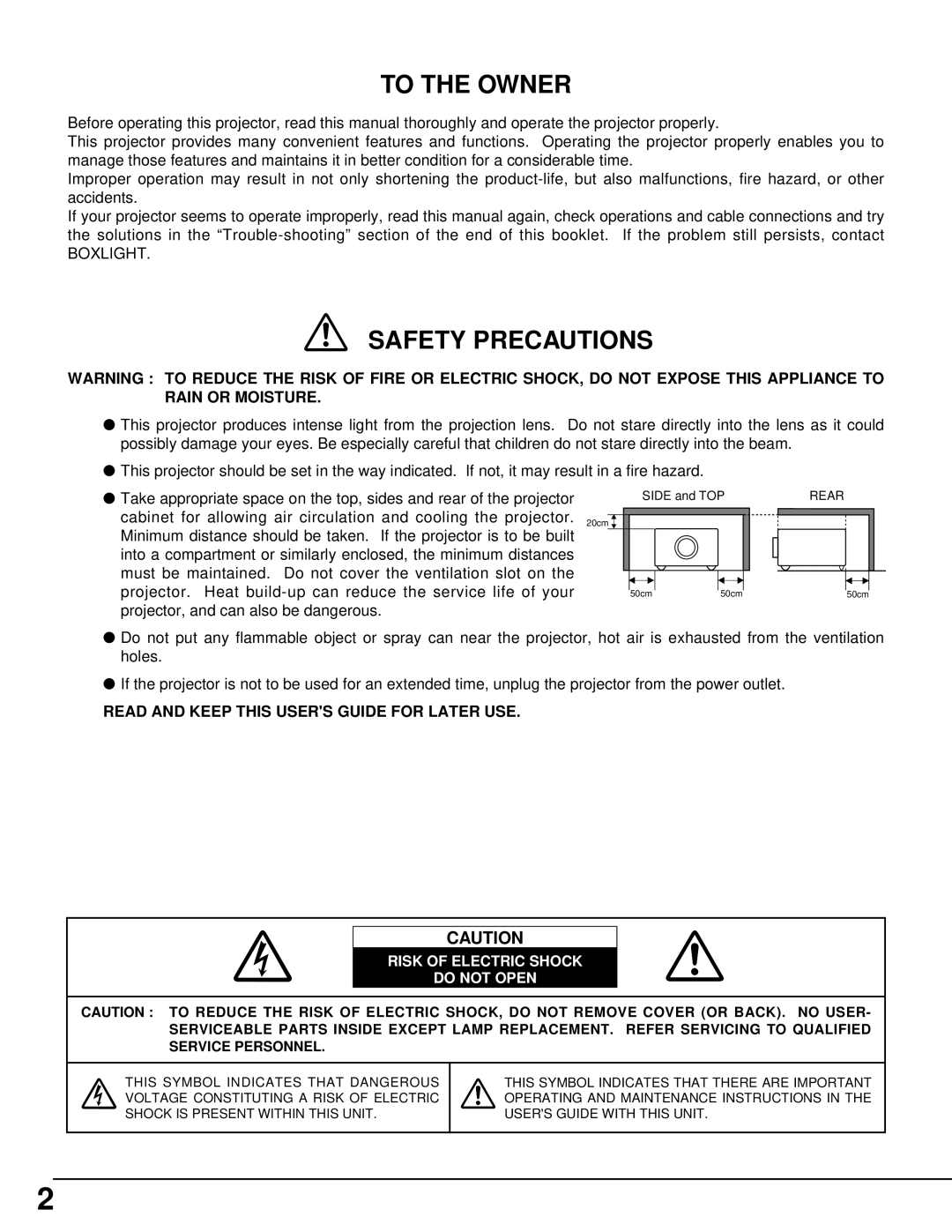 BOXLIGHT CINEMA 20HD manual To the Owner, Risk of Electric Shock Do not Open 