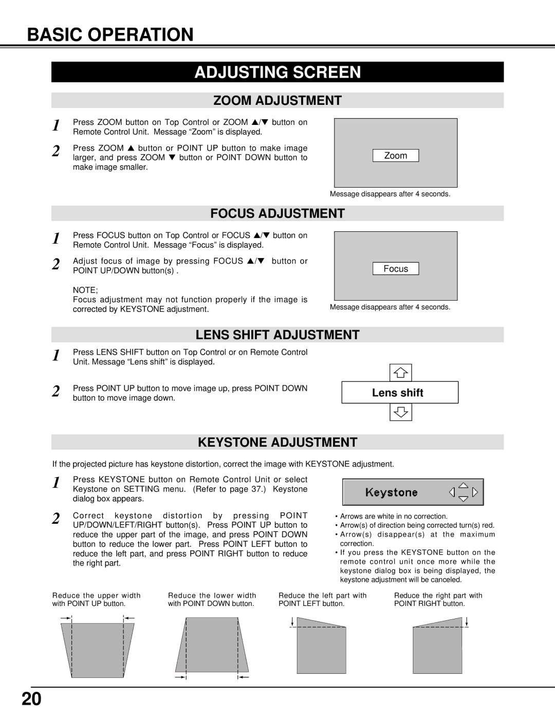 BOXLIGHT CINEMA 20HD manual Basic Operation, Adjusting Screen 