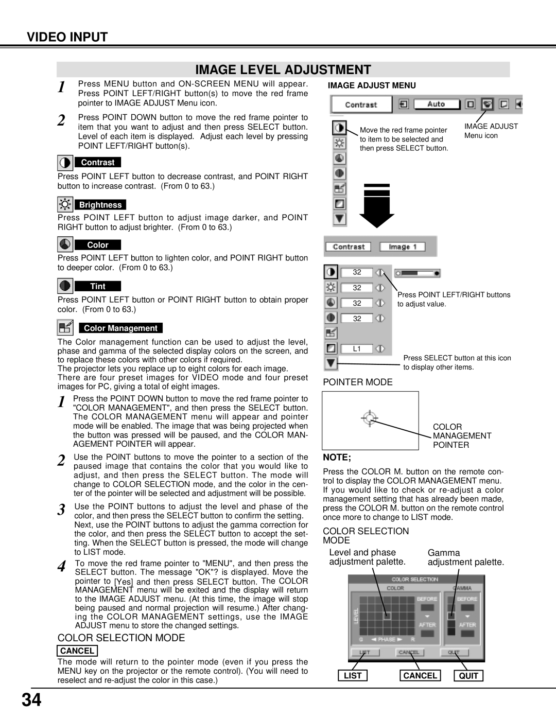 BOXLIGHT CINEMA 20HD manual Video Input Image Level Adjustment, Color, Tint 