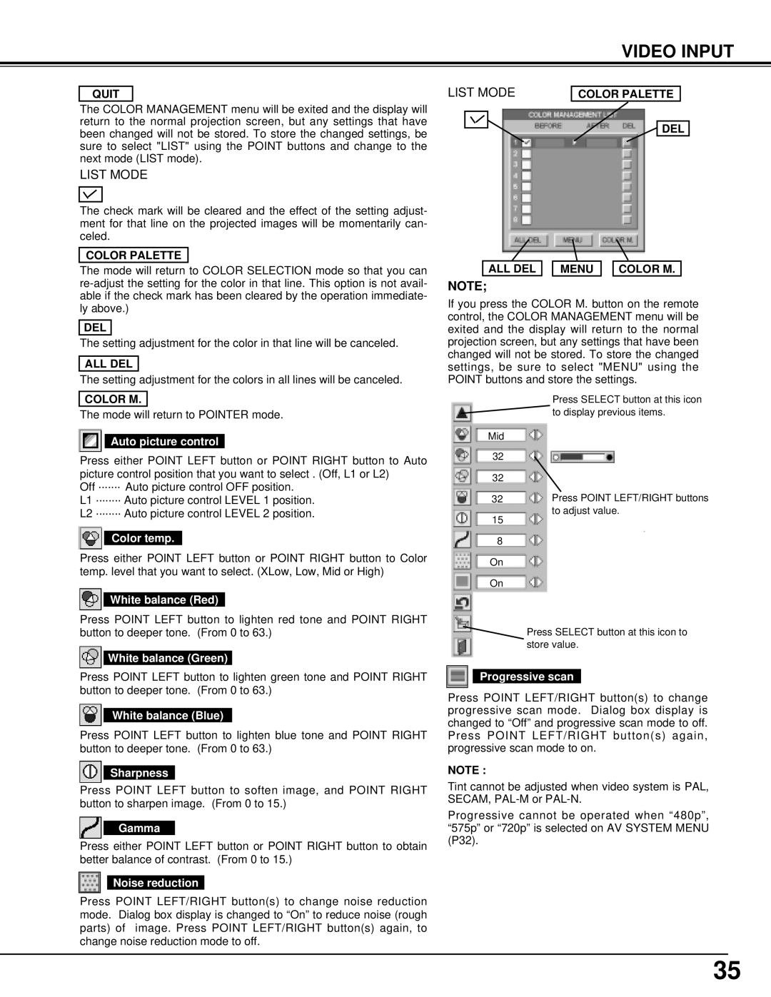 BOXLIGHT CINEMA 20HD manual Sharpness, Noise reduction, Progressive scan 