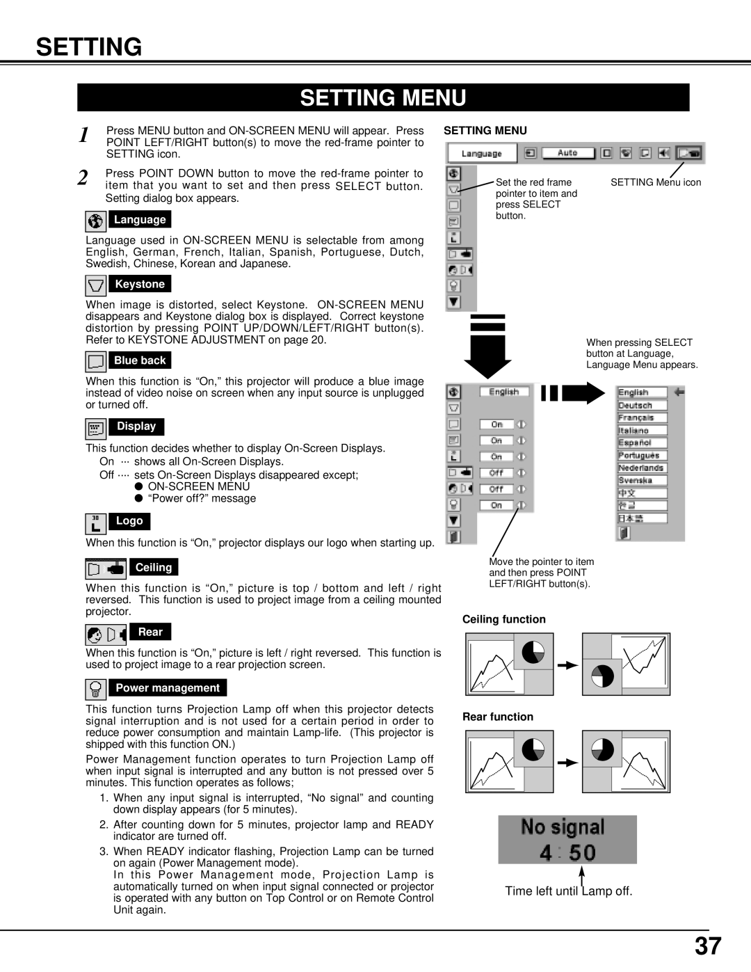 BOXLIGHT CINEMA 20HD manual Setting Menu 