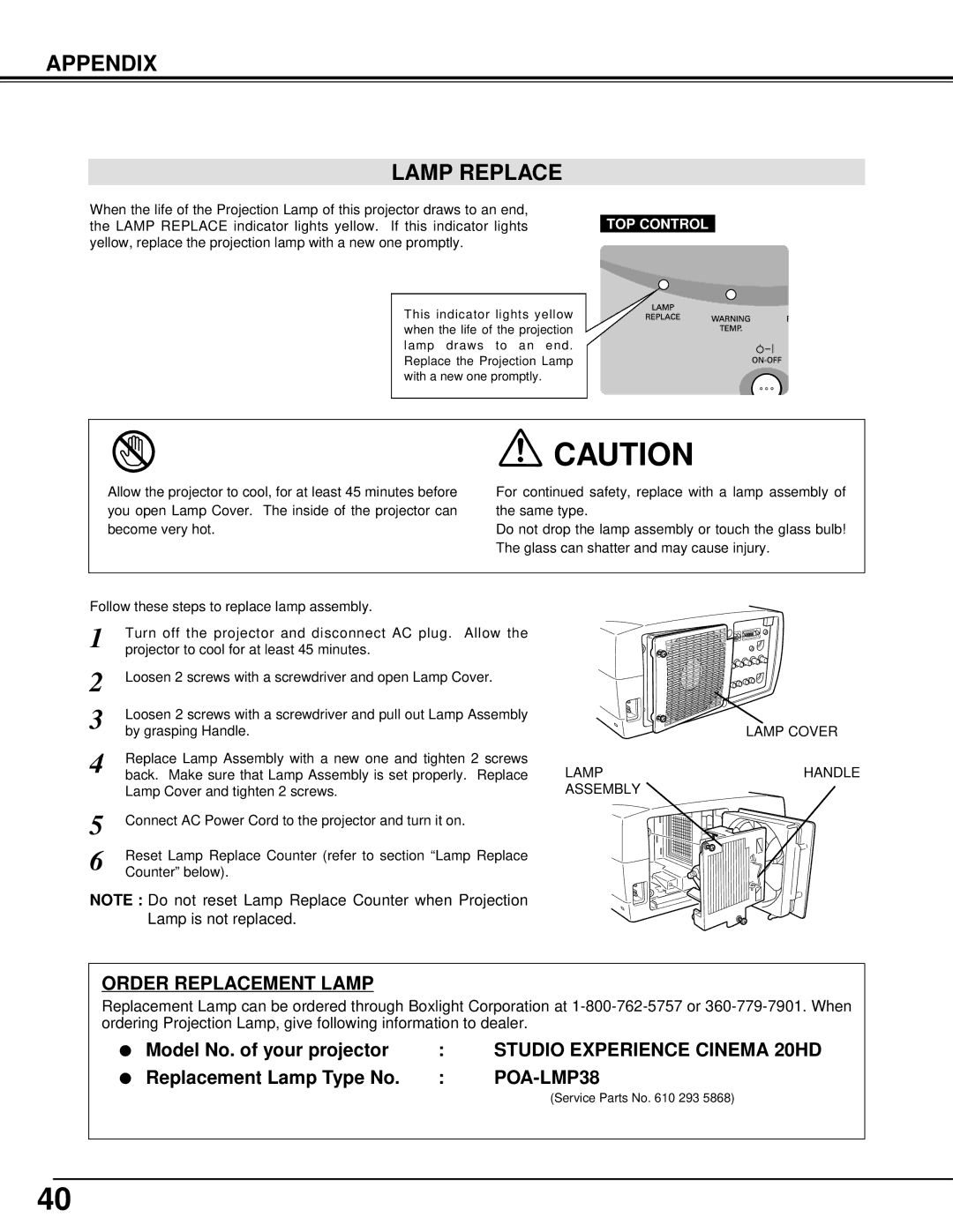 BOXLIGHT CINEMA 20HD manual Appendix Lamp Replace, Order Replacement Lamp, POA-LMP38 