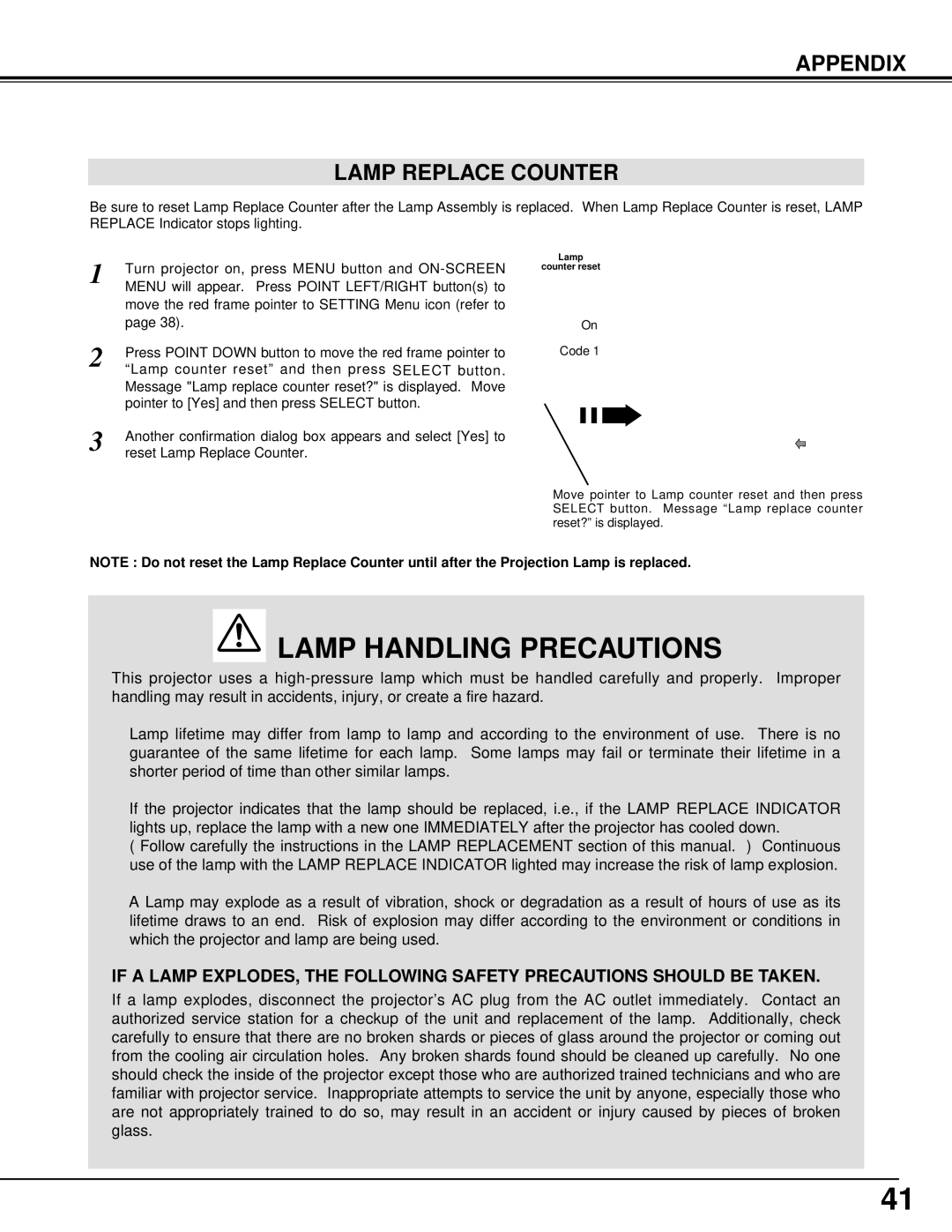 BOXLIGHT CINEMA 20HD manual Lamp Handling Precautions, Appendix Lamp Replace Counter 