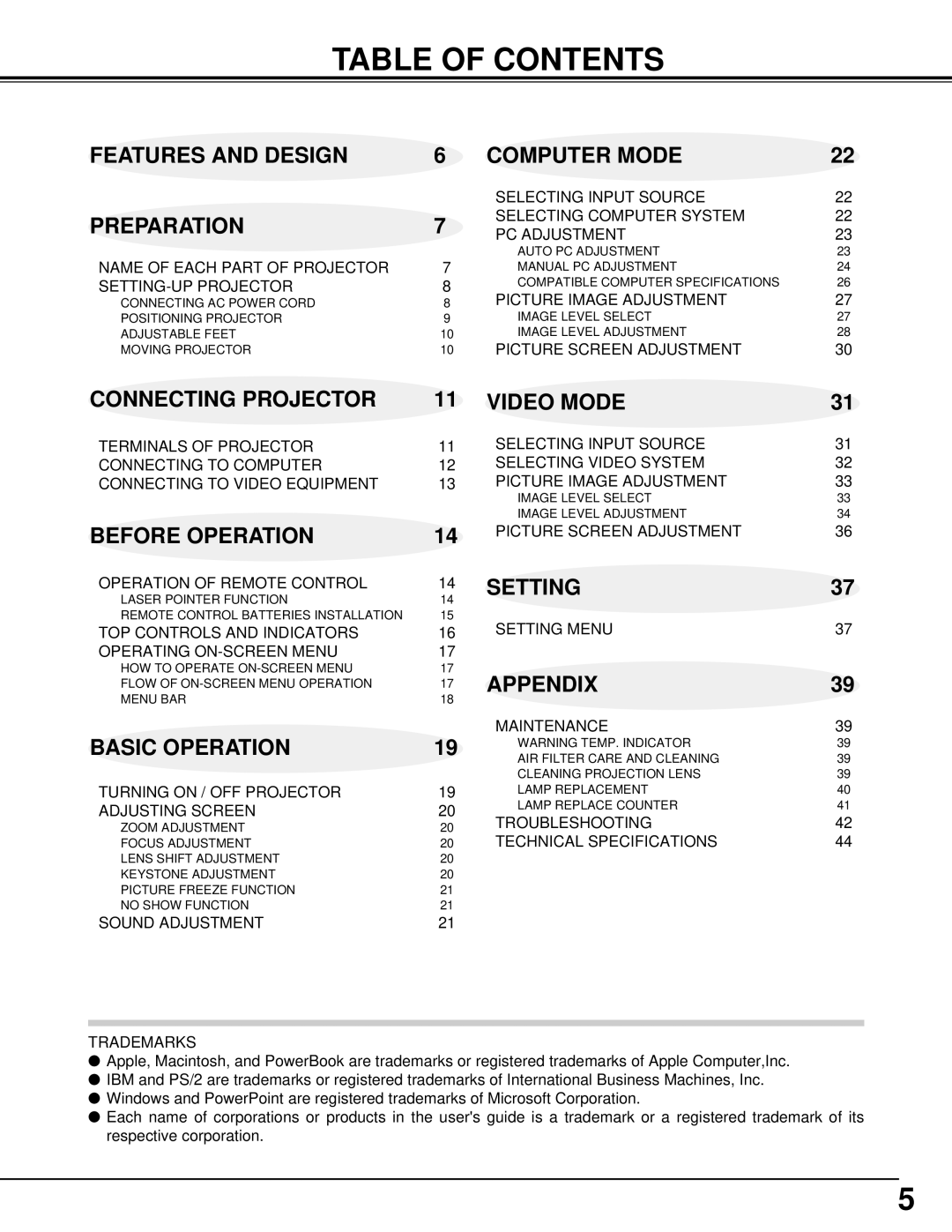 BOXLIGHT CINEMA 20HD manual Table of Contents 