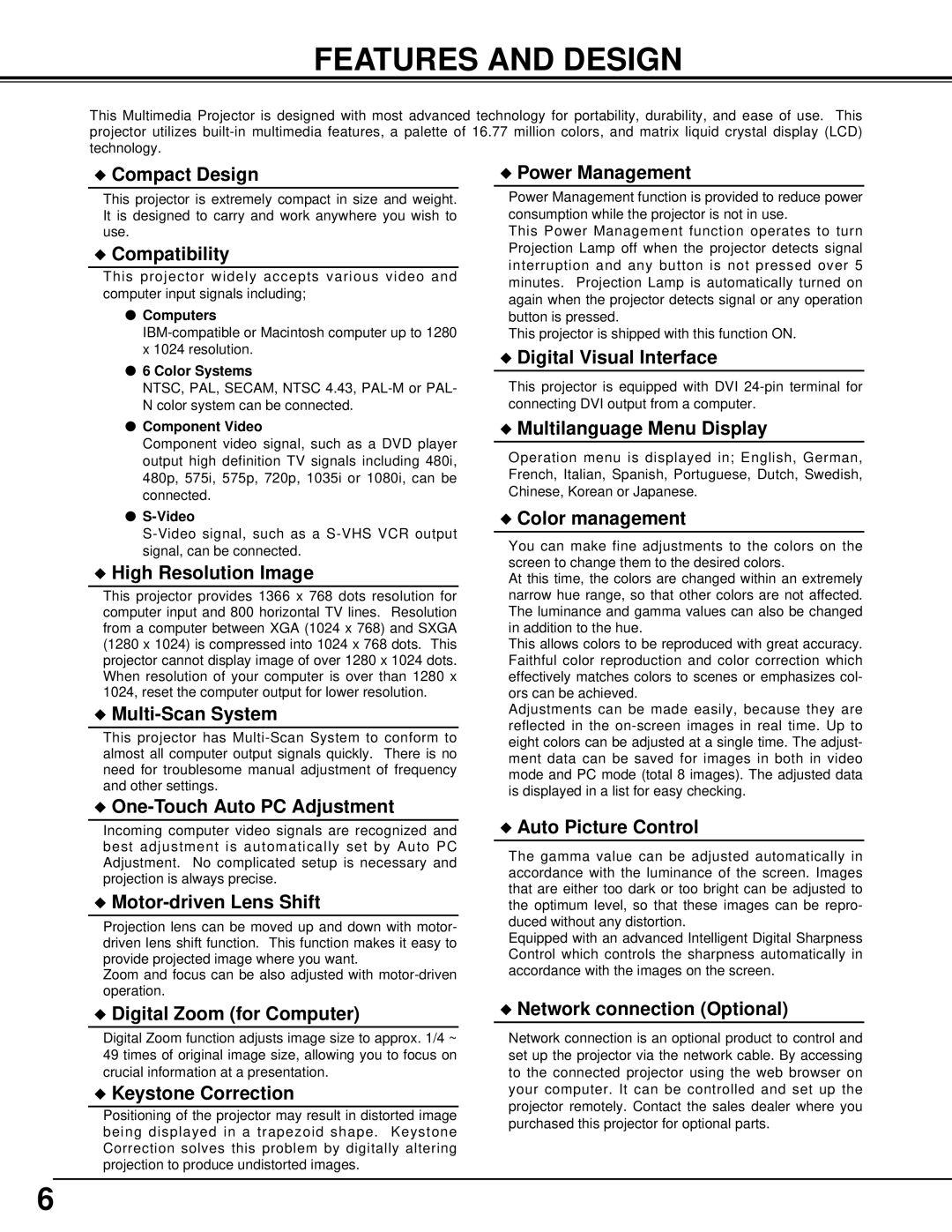 BOXLIGHT CINEMA 20HD manual Features and Design, Compact Design 