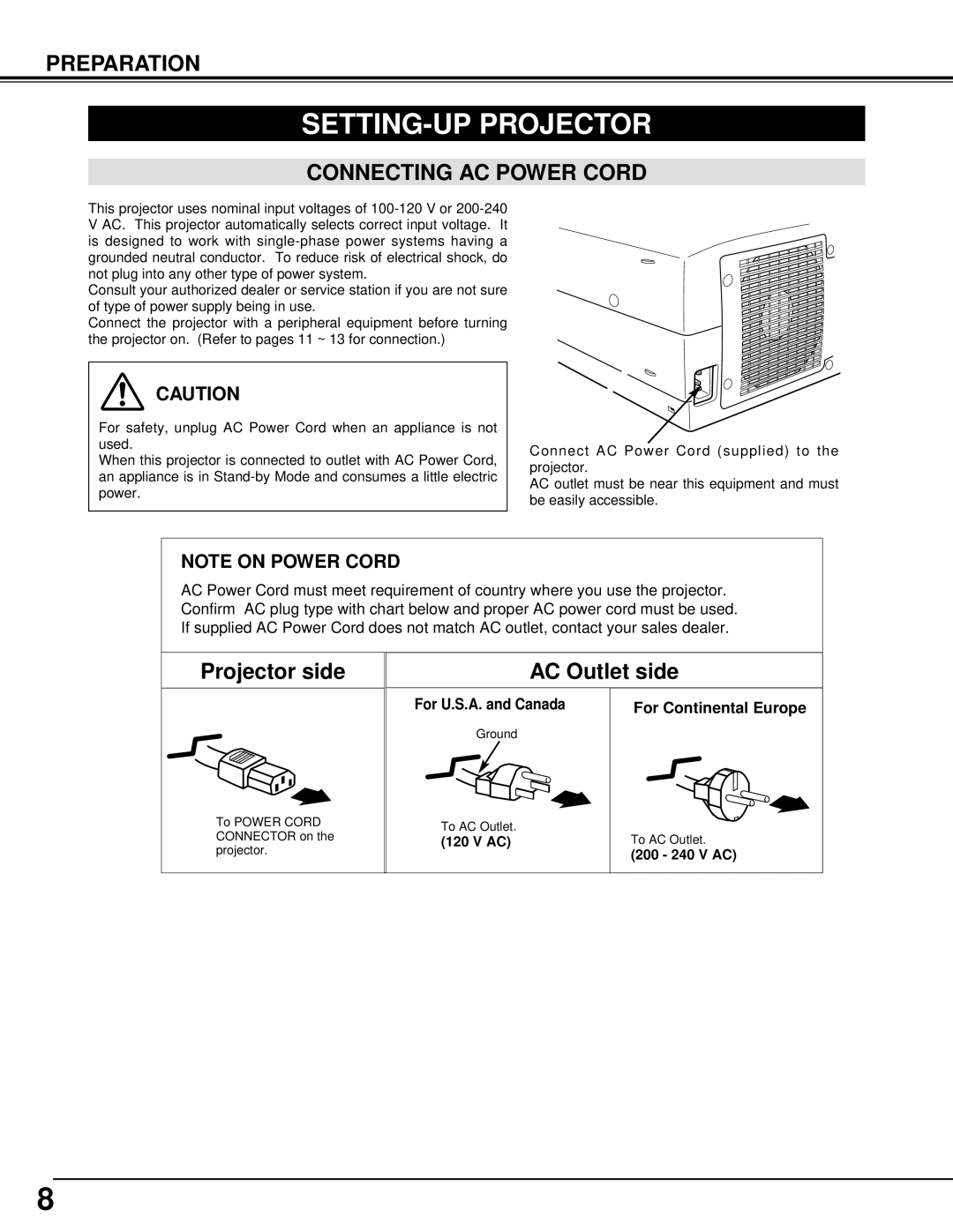 BOXLIGHT CINEMA 20HD manual SETTING-UP Projector, Connecting AC Power Cord, For U.S.A. and Canada For Continental Europe 