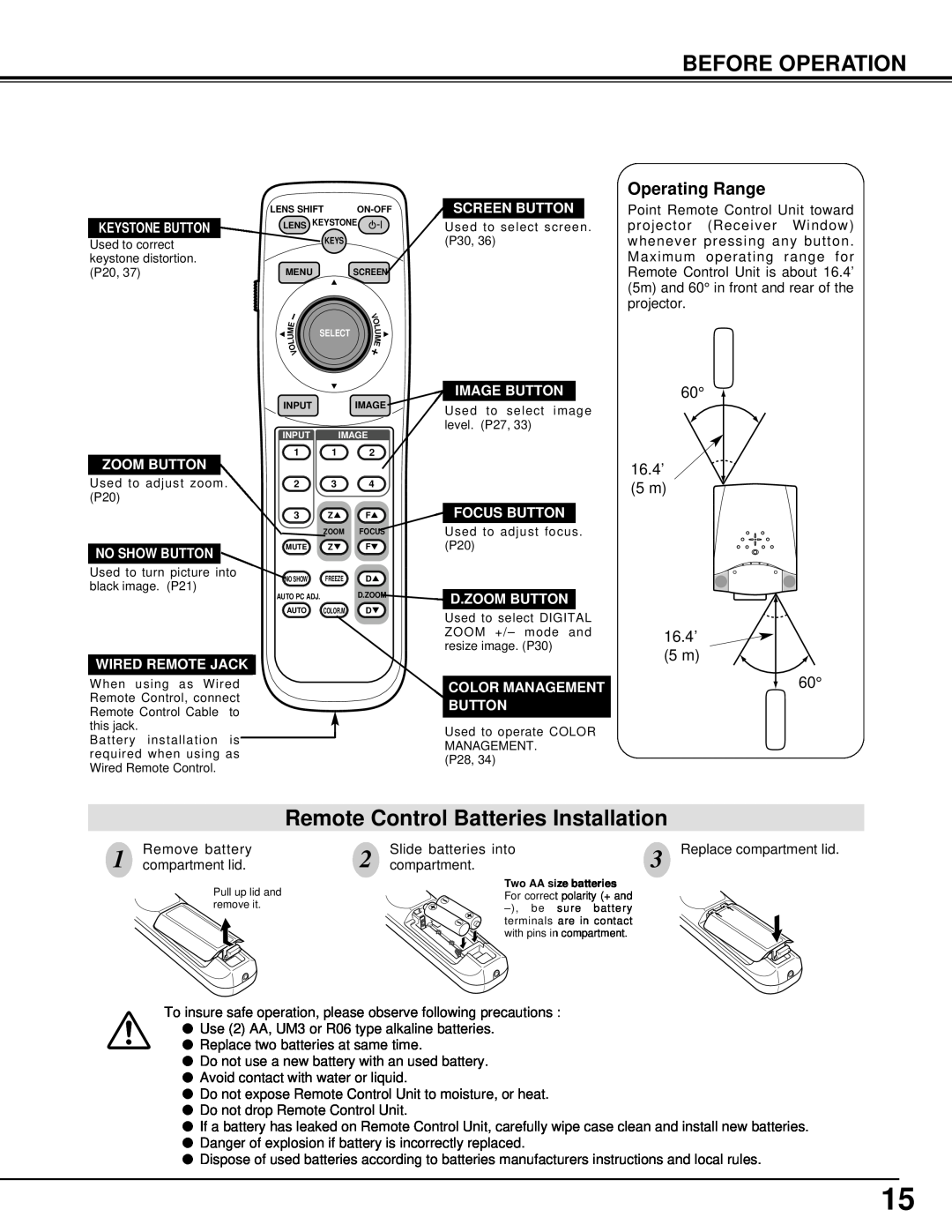 BOXLIGHT CINEMA 20HD manual Remote Control Batteries Installation, Before Operation, Operating Range, Keystone Button 