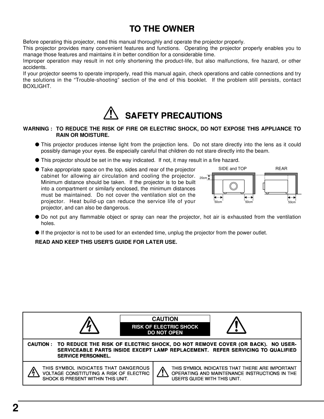 BOXLIGHT CINEMA 20HD manual To The Owner, Safety Precautions, Read And Keep This Users Guide For Later Use 