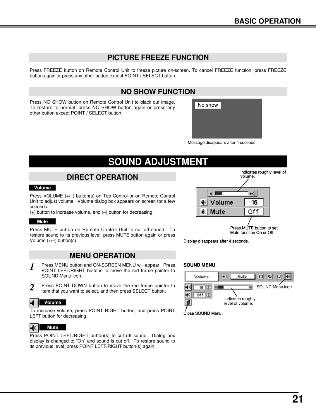 BOXLIGHT CINEMA 20HD Sound Adjustment, Basic Operation Picture Freeze Function, No Show Function, Direct Operation, Volume 