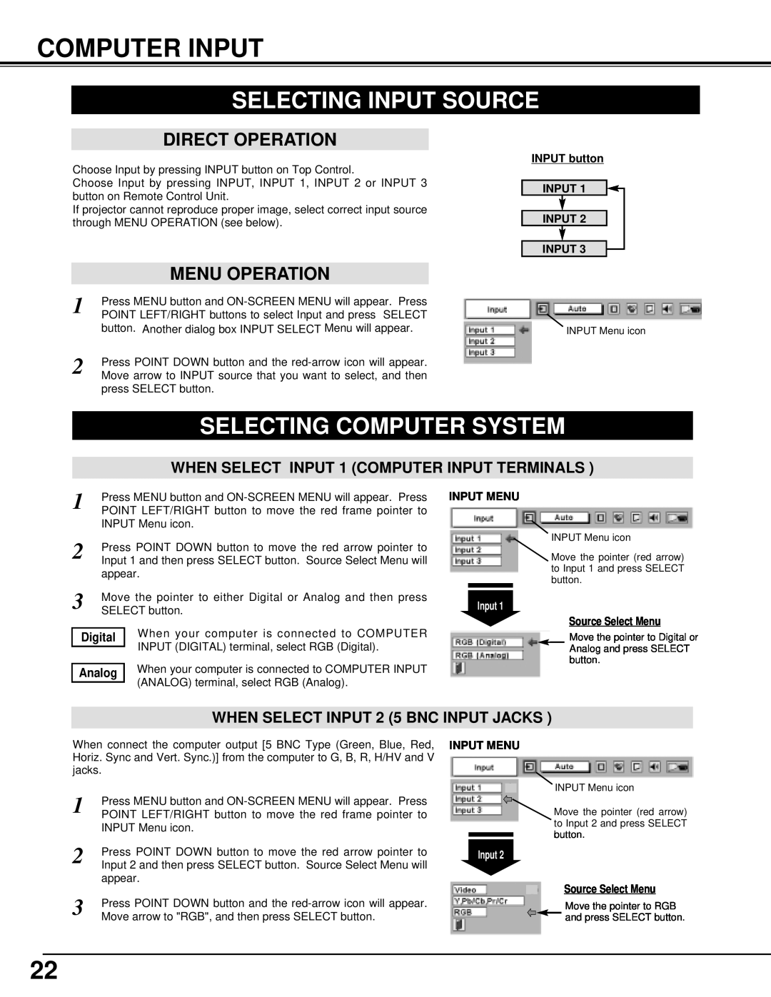 BOXLIGHT CINEMA 20HD Computer Input, Selecting Input Source, Selecting Computer System, Direct Operation, Menu Operation 