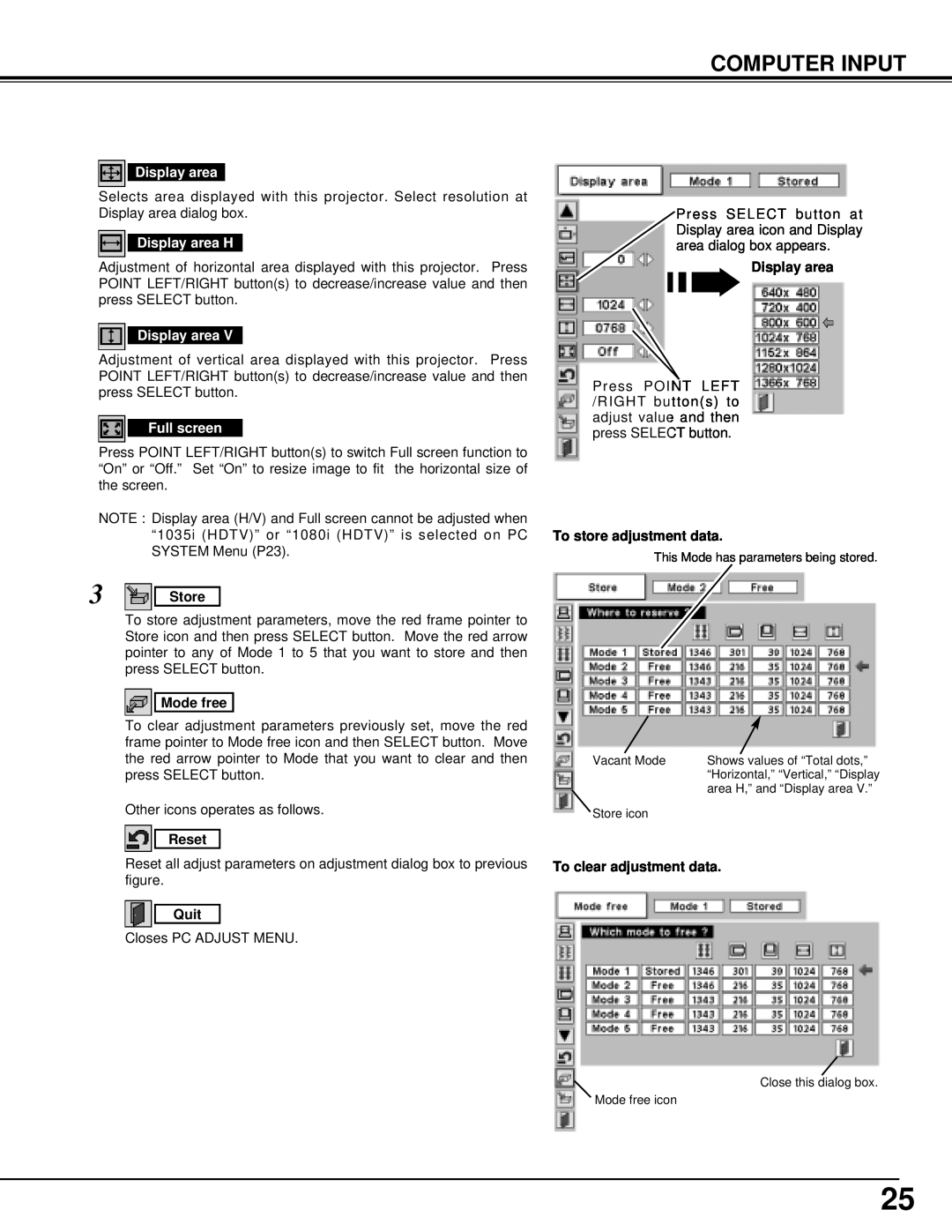 BOXLIGHT CINEMA 20HD manual Computer Input, Display area H, Full screen, Store, Mode free, Reset, Quit 
