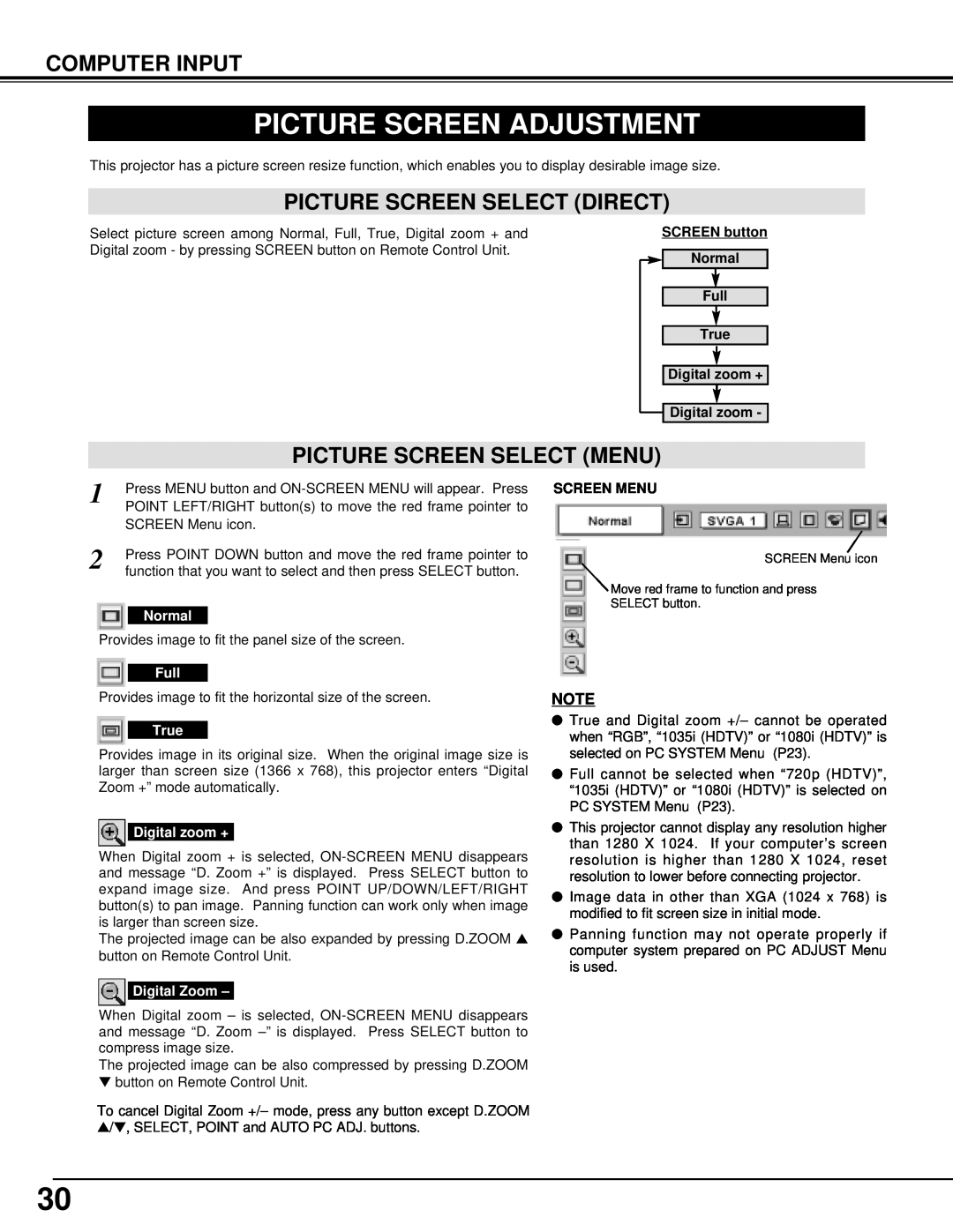 BOXLIGHT CINEMA 20HD Picture Screen Adjustment, Picture Screen Select Direct, Picture Screen Select Menu, Computer Input 