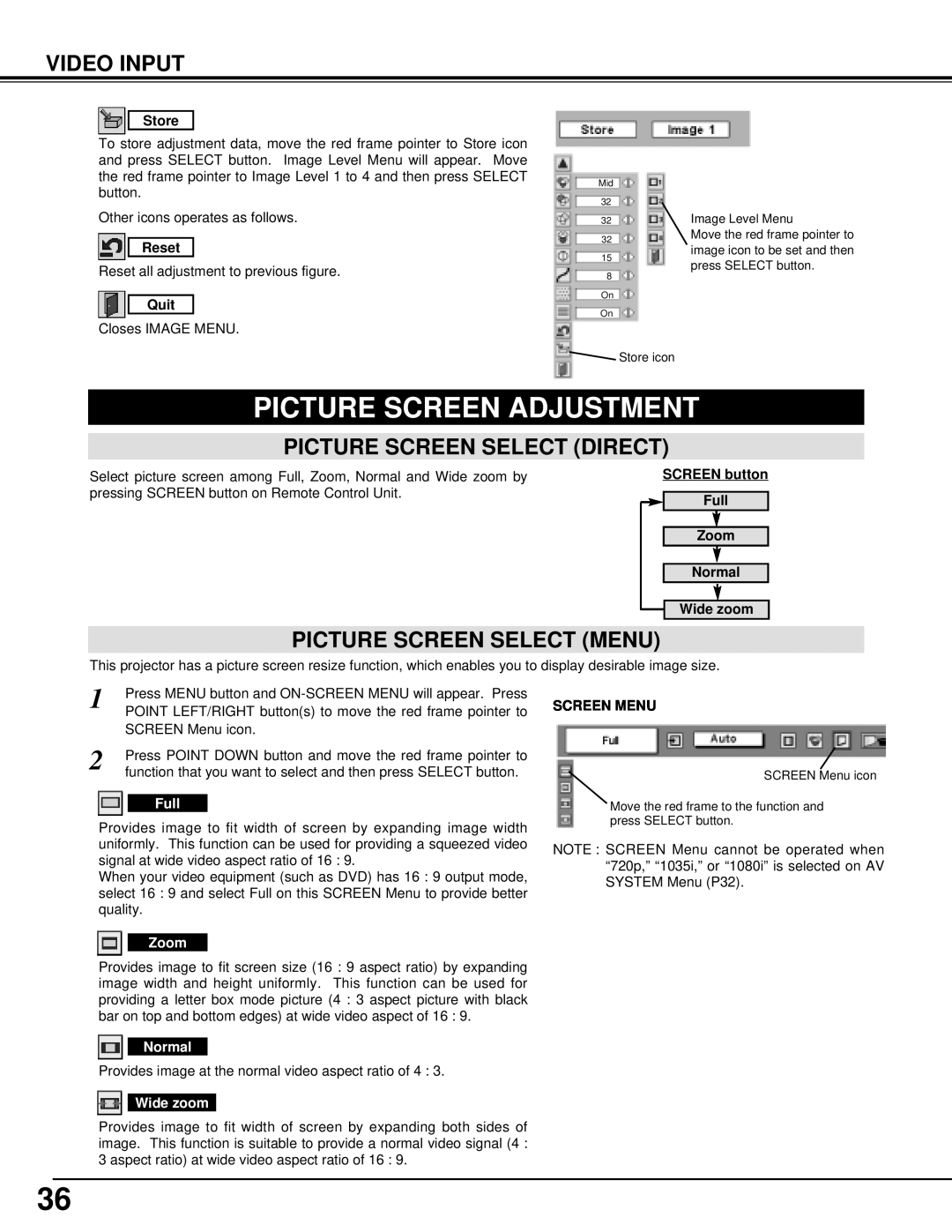 BOXLIGHT CINEMA 20HD Picture Screen Adjustment, Video Input, Picture Screen Select Direct, Picture Screen Select Menu 