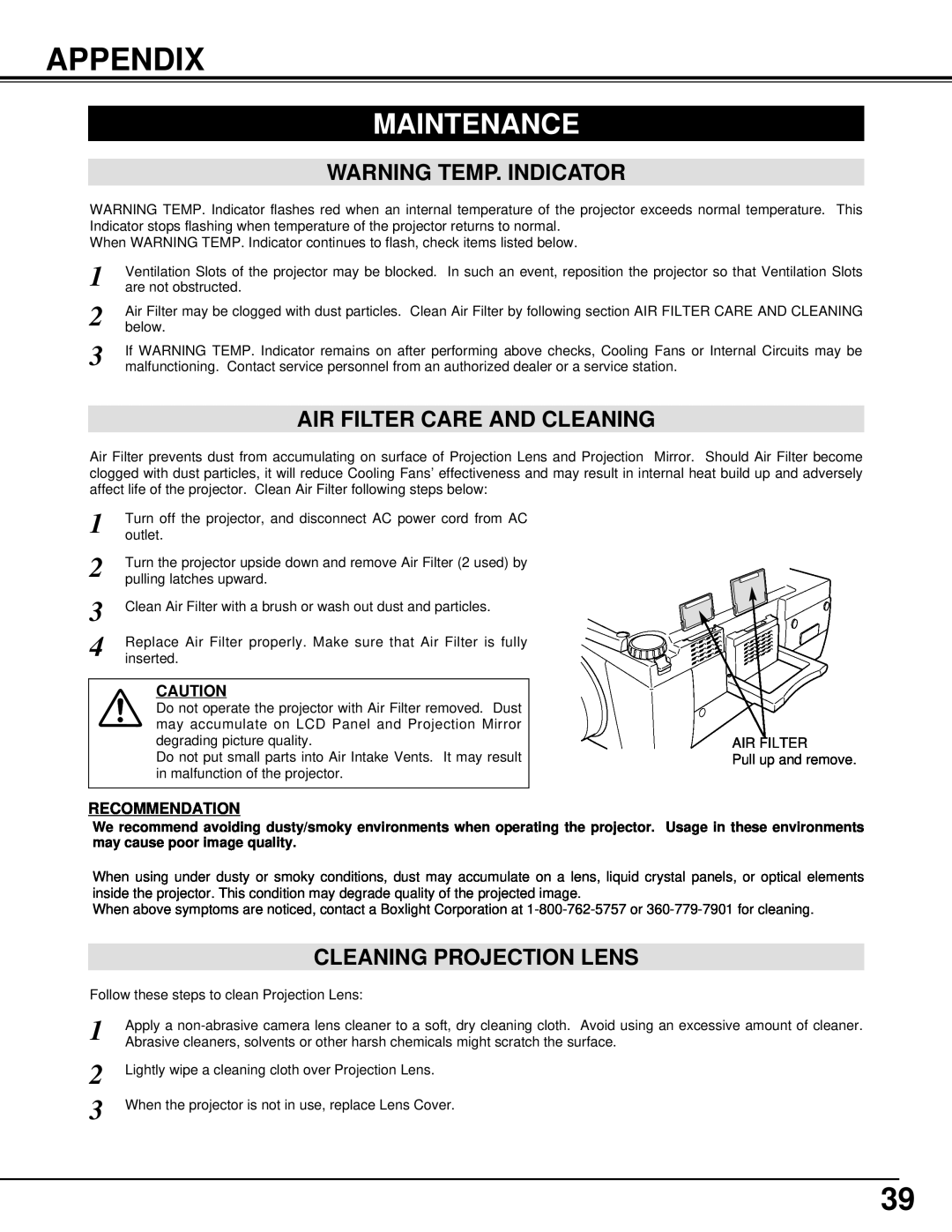 BOXLIGHT CINEMA 20HD manual Appendix, Maintenance, Warning Temp. Indicator, Air Filter Care And Cleaning 