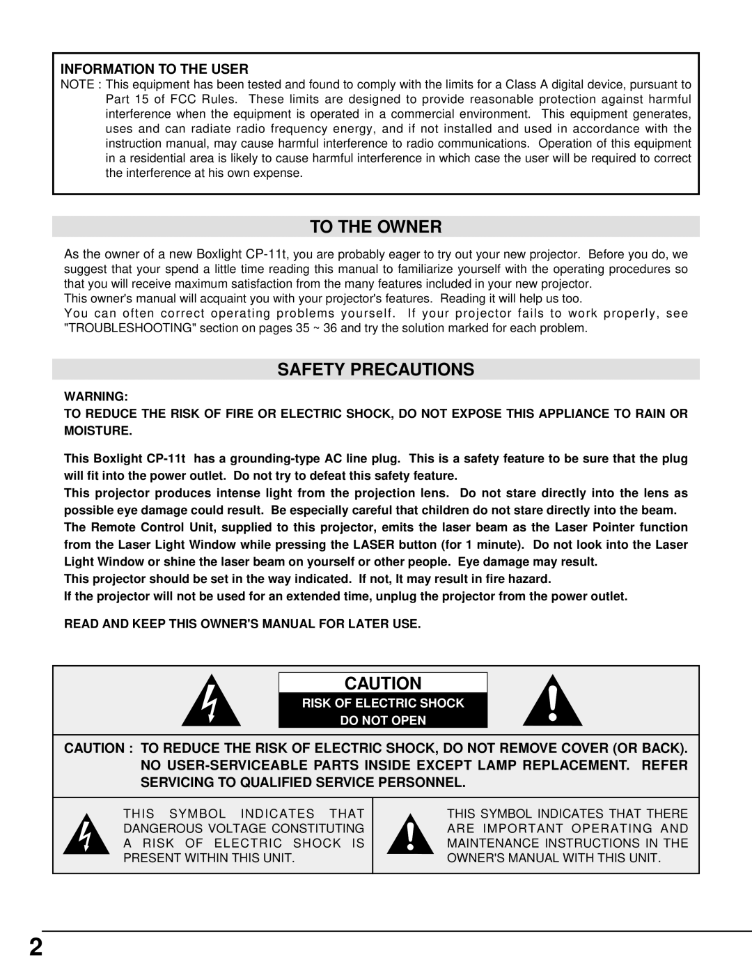 BOXLIGHT CP-11t manual To the Owner, Safety Precautions 