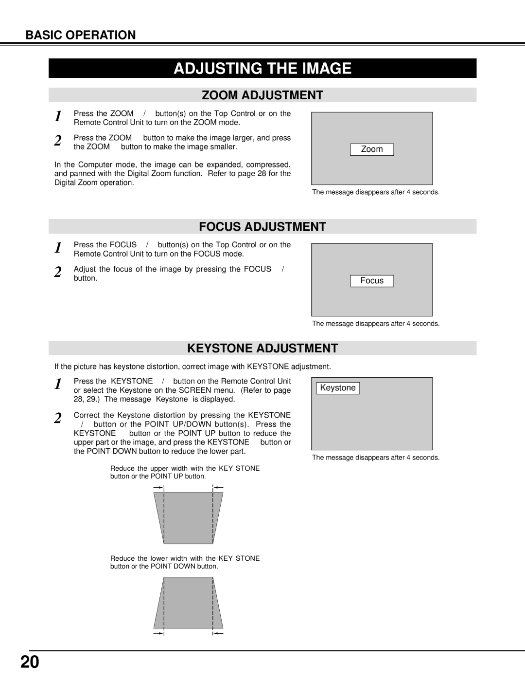 BOXLIGHT CP-11t manual Adjusting the Image, Zoom Adjustment, Focus Adjustment, Keystone Adjustment 