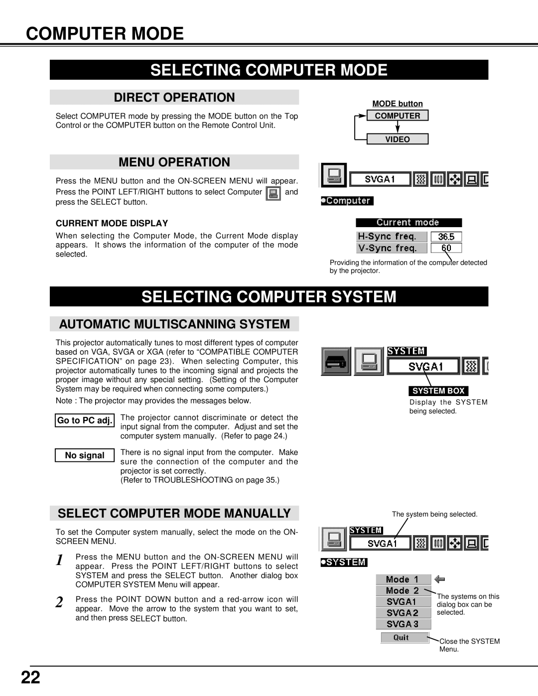 BOXLIGHT CP-11t manual Selecting Computer Mode, Selecting Computer System 