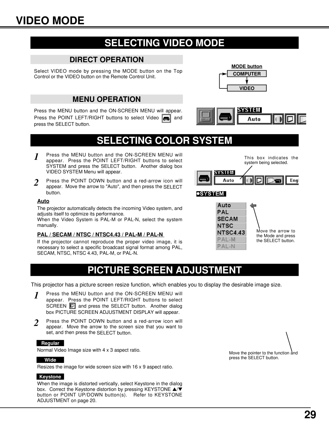 BOXLIGHT CP-11t manual Selecting Video Mode, Selecting Color System, Auto 