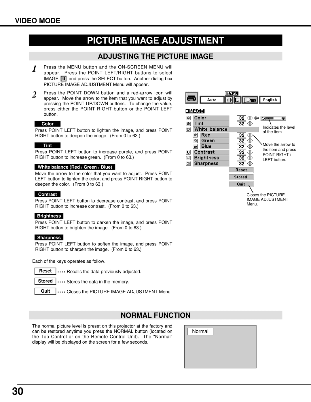 BOXLIGHT CP-11t manual Adjusting the Picture Image, Color, Tint, Sharpness 