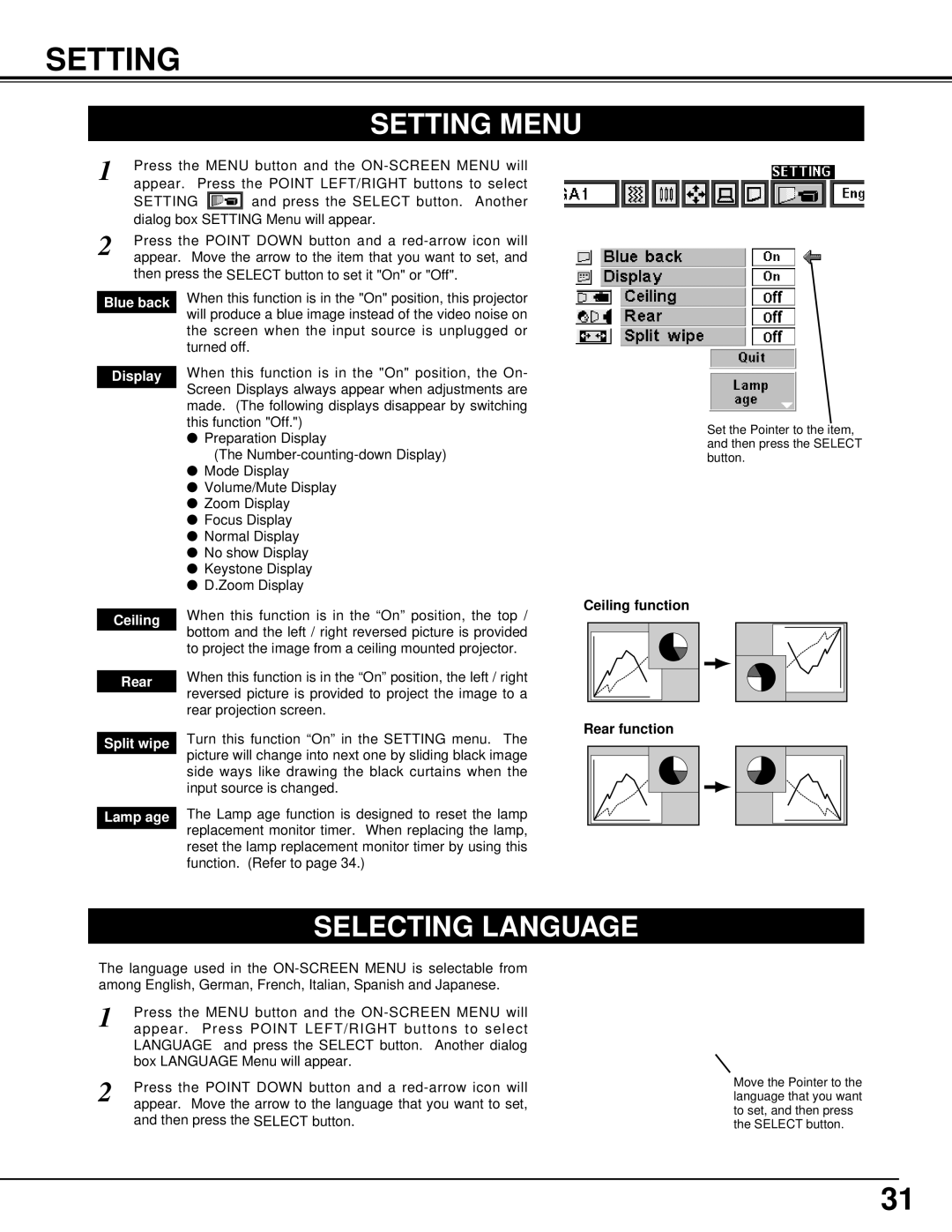 BOXLIGHT CP-11t manual Setting Menu, Selecting Language 