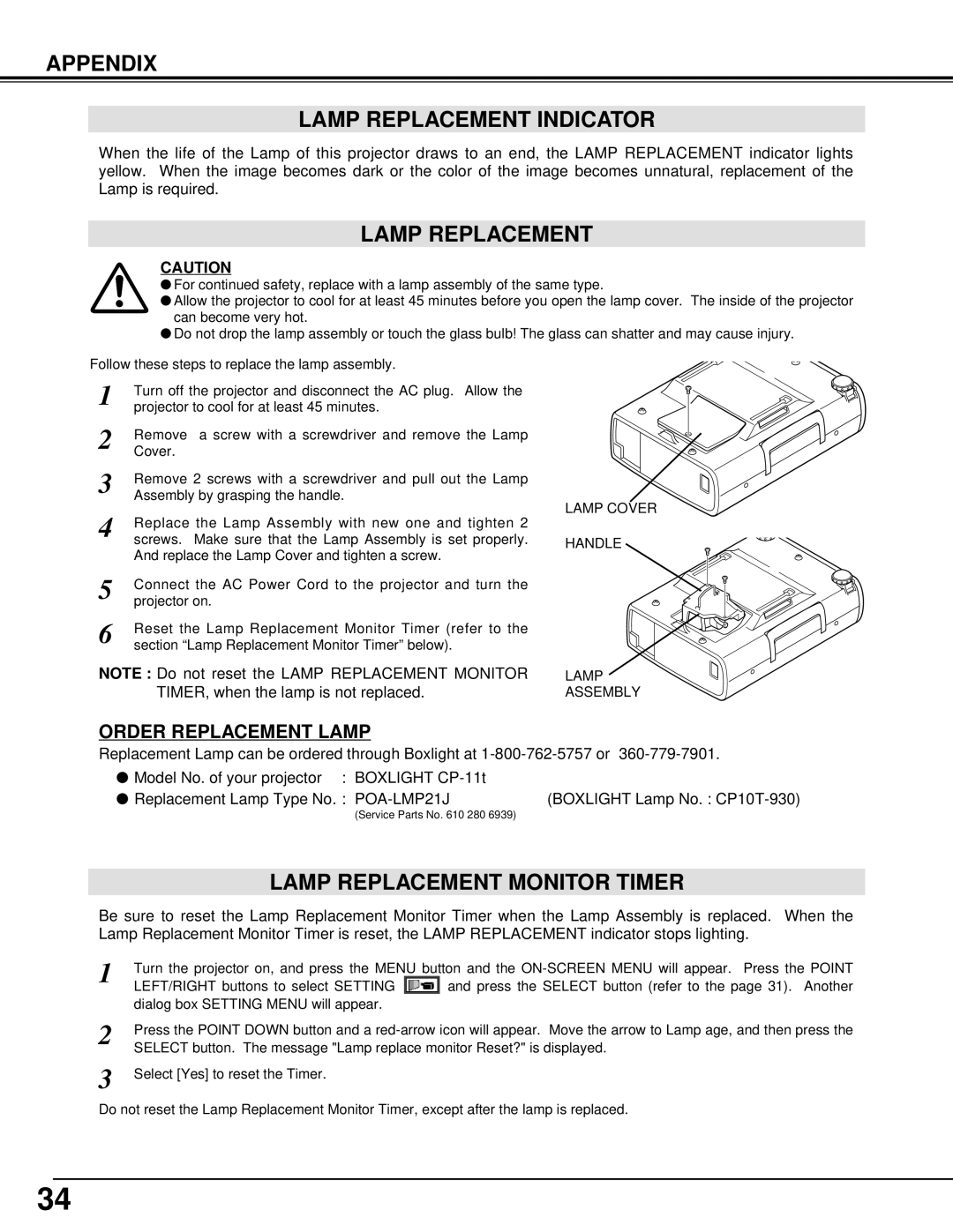 BOXLIGHT CP-11t manual Appendix Lamp Replacement Indicator, Lamp Replacement Monitor Timer 