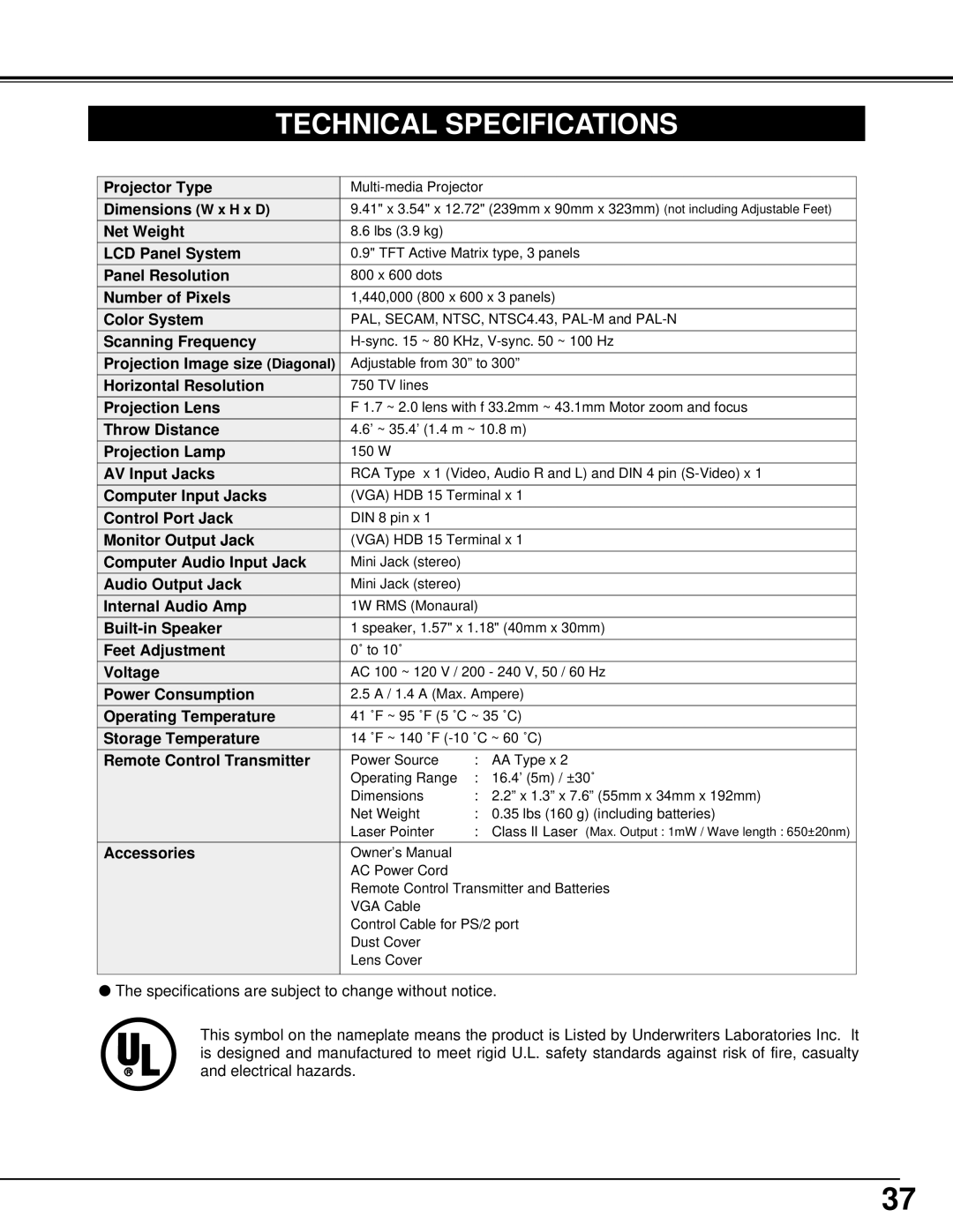 BOXLIGHT CP-11t manual Technical Specifications 