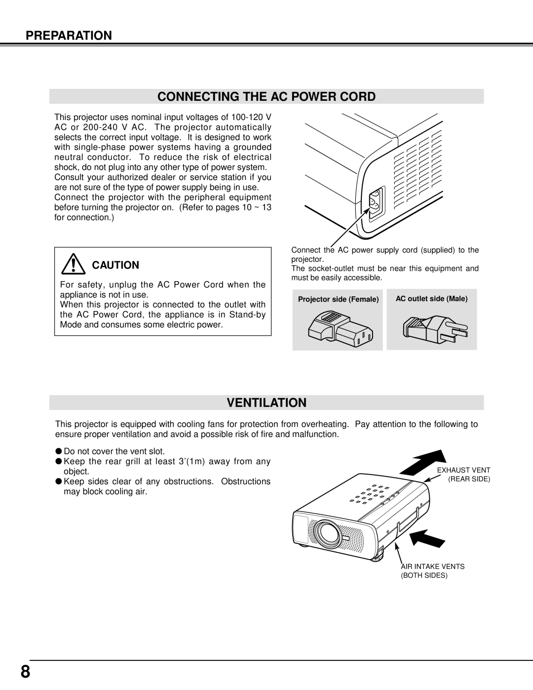 BOXLIGHT CP-11t manual Preparation Connecting the AC Power Cord, Ventilation 