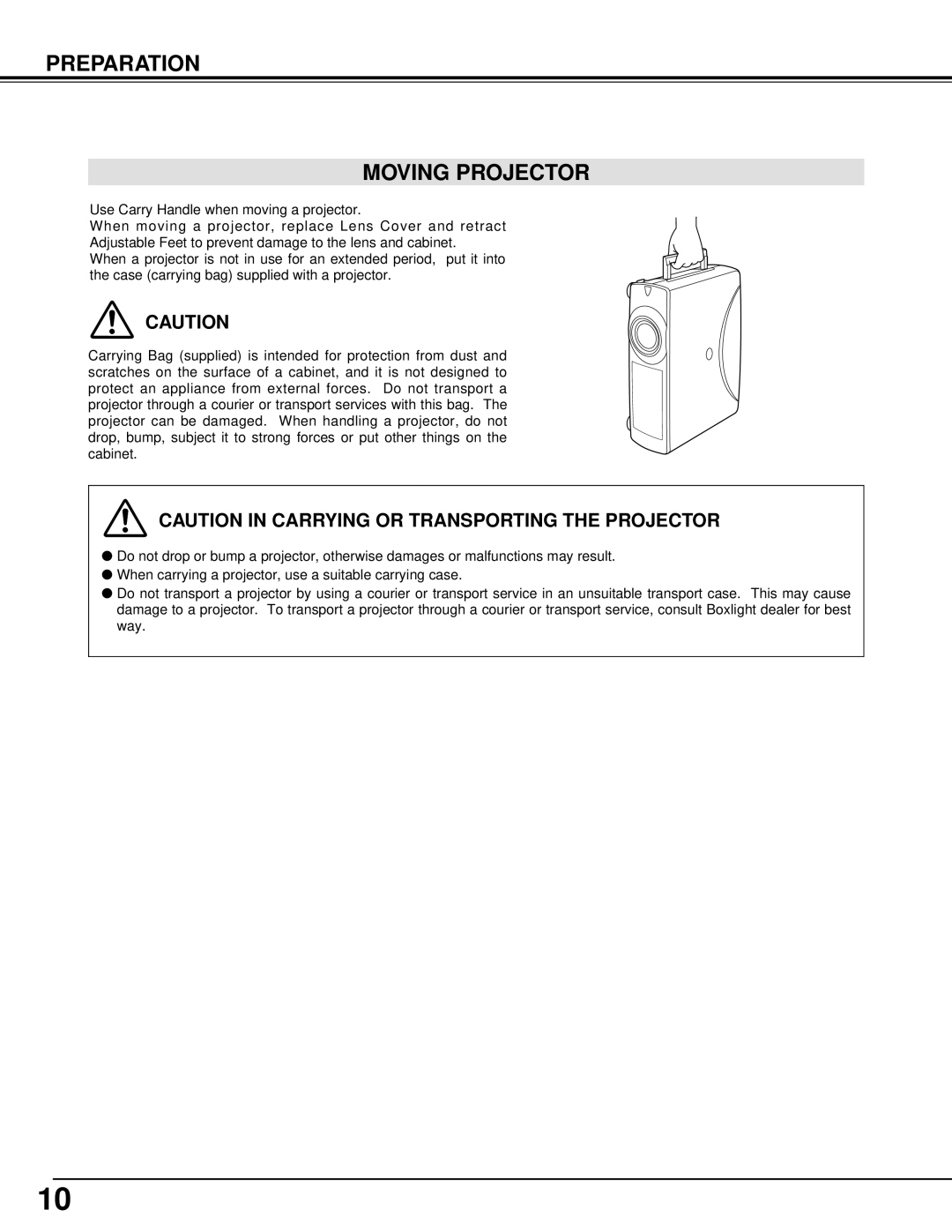 BOXLIGHT cp-12t manual Preparation Moving Projector 