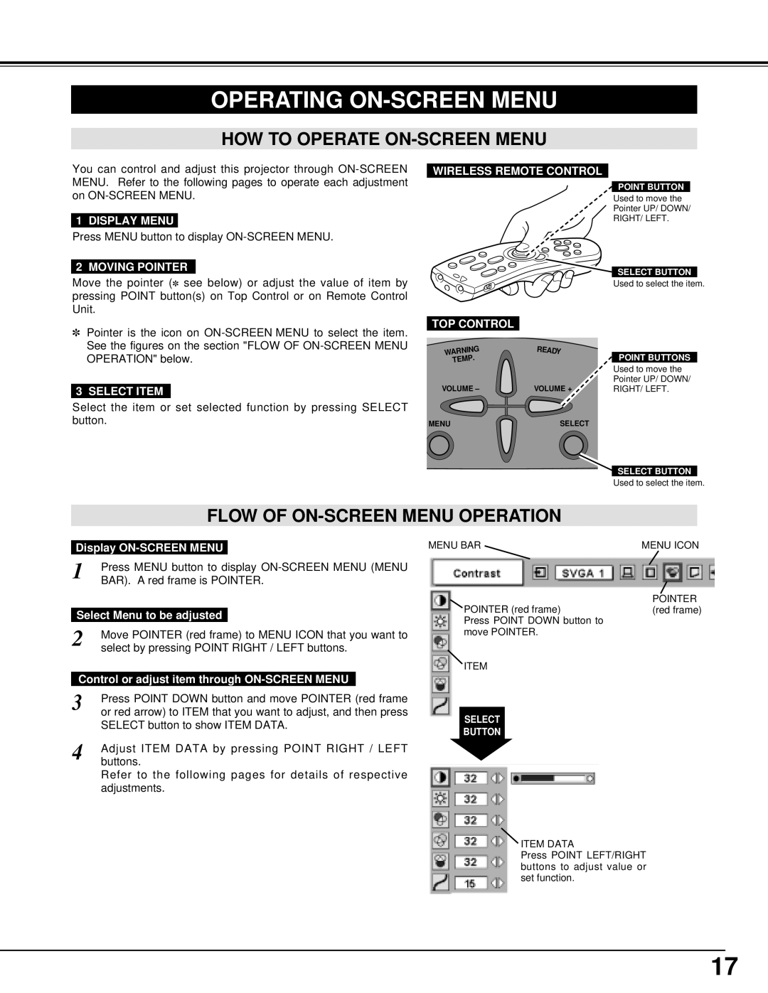 BOXLIGHT cp-12t manual Operating ON-SCREEN Menu, HOW to Operate ON-SCREEN Menu, Flow of ON-SCREEN Menu Operation 