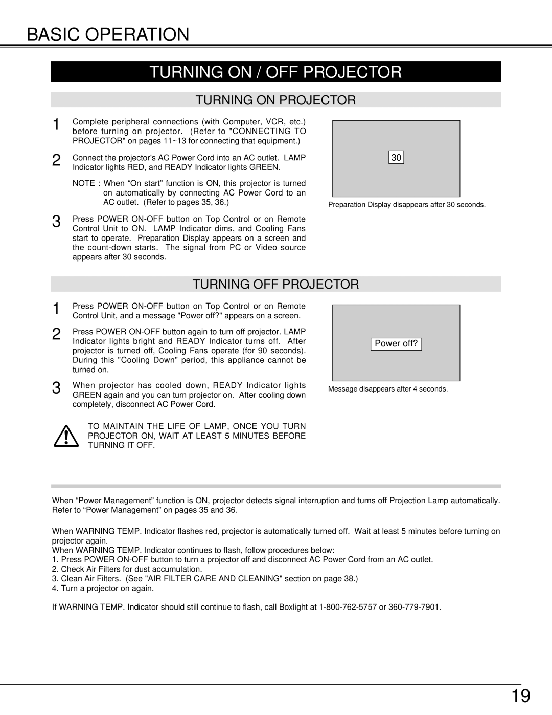 BOXLIGHT cp-12t manual Basic Operation, Turning on / OFF Projector, Turning on Projector, Turning OFF Projector 