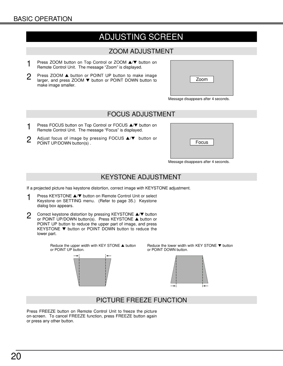 BOXLIGHT cp-12t manual Adjusting Screen, Zoom Adjustment, Keystone Adjustment, Picture Freeze Function 