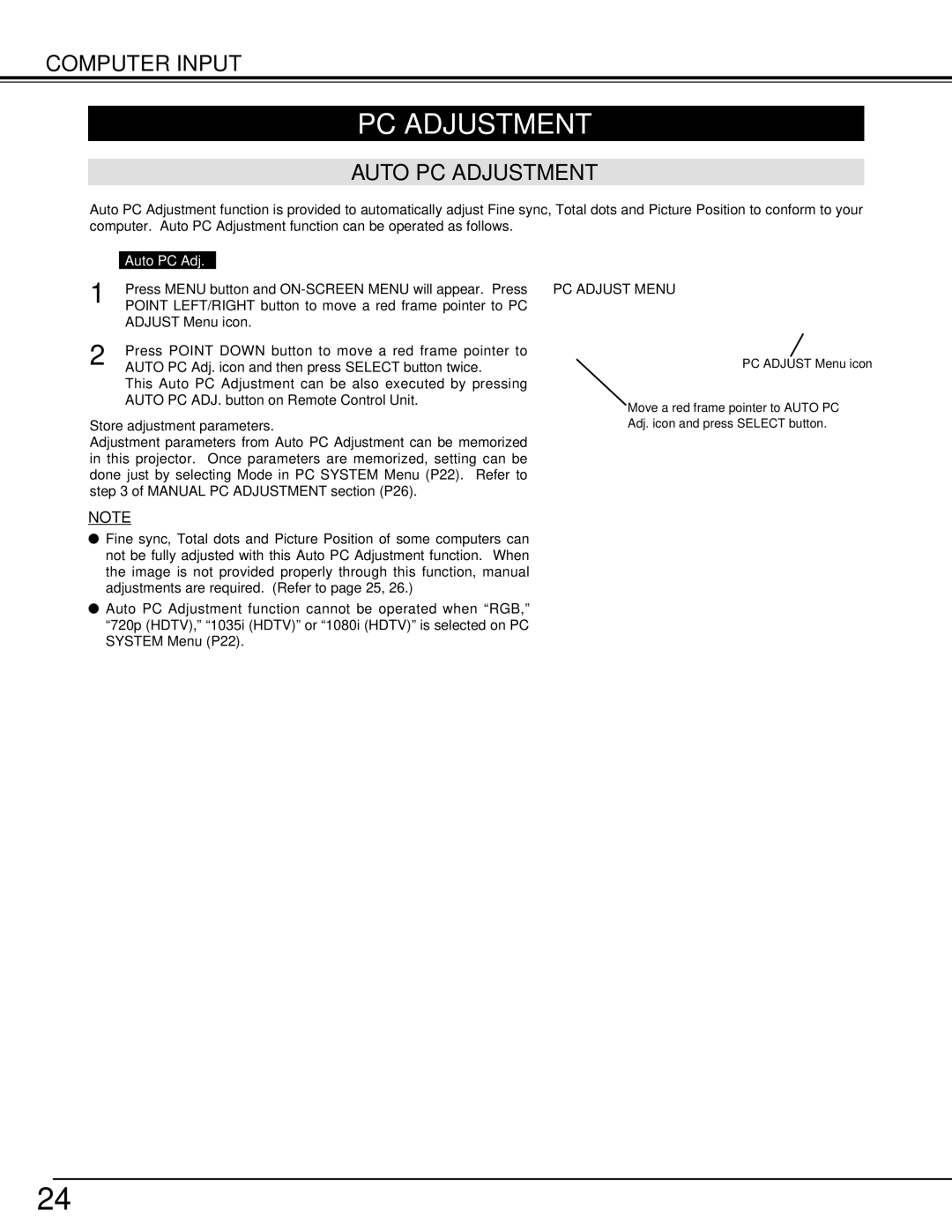 BOXLIGHT cp-12t manual Auto PC Adjustment, PC Adjust Menu 