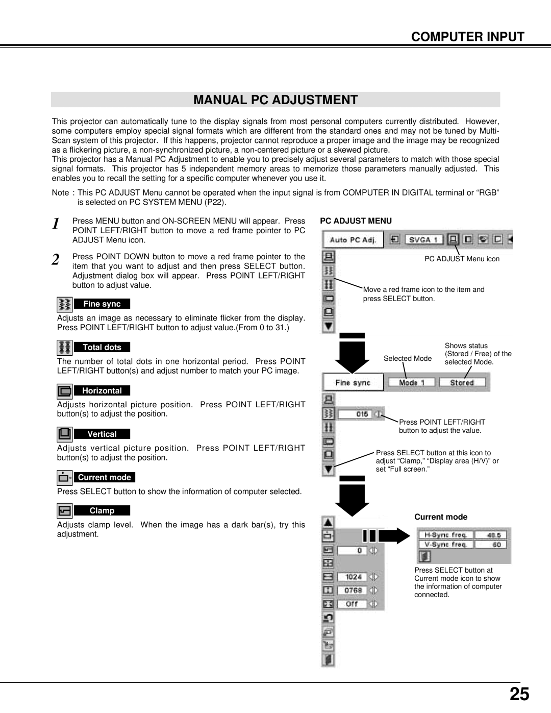 BOXLIGHT cp-12t manual Computer Input Manual PC Adjustment 