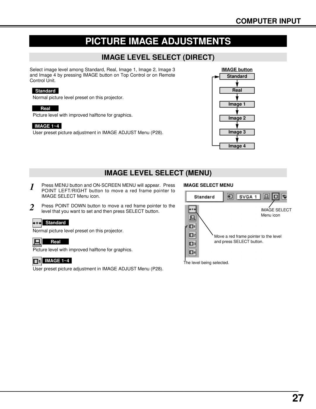 BOXLIGHT cp-12t manual Picture Image Adjustments, Image Level Select Direct, Image Level Select Menu, Image 1~4 