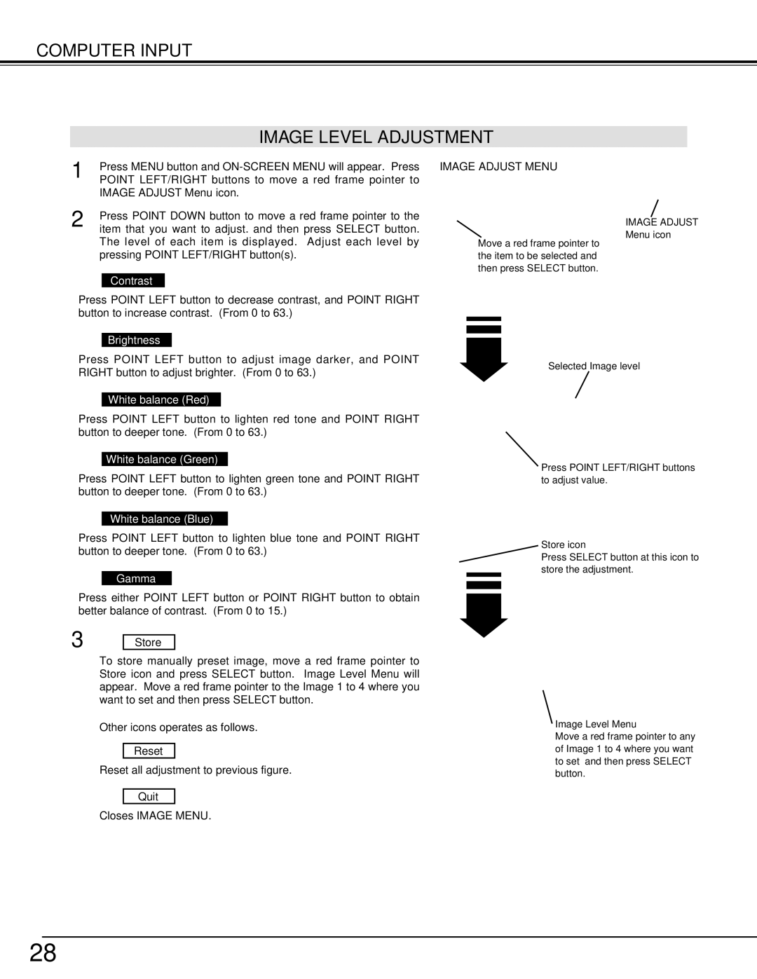 BOXLIGHT cp-12t manual Computer Input Image Level Adjustment, Image Adjust Menu 