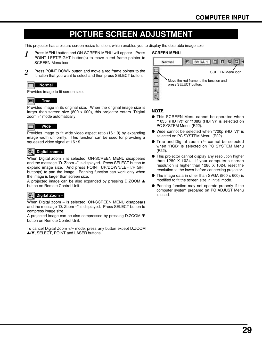 BOXLIGHT cp-12t manual Picture Screen Adjustment, Screen Menu 